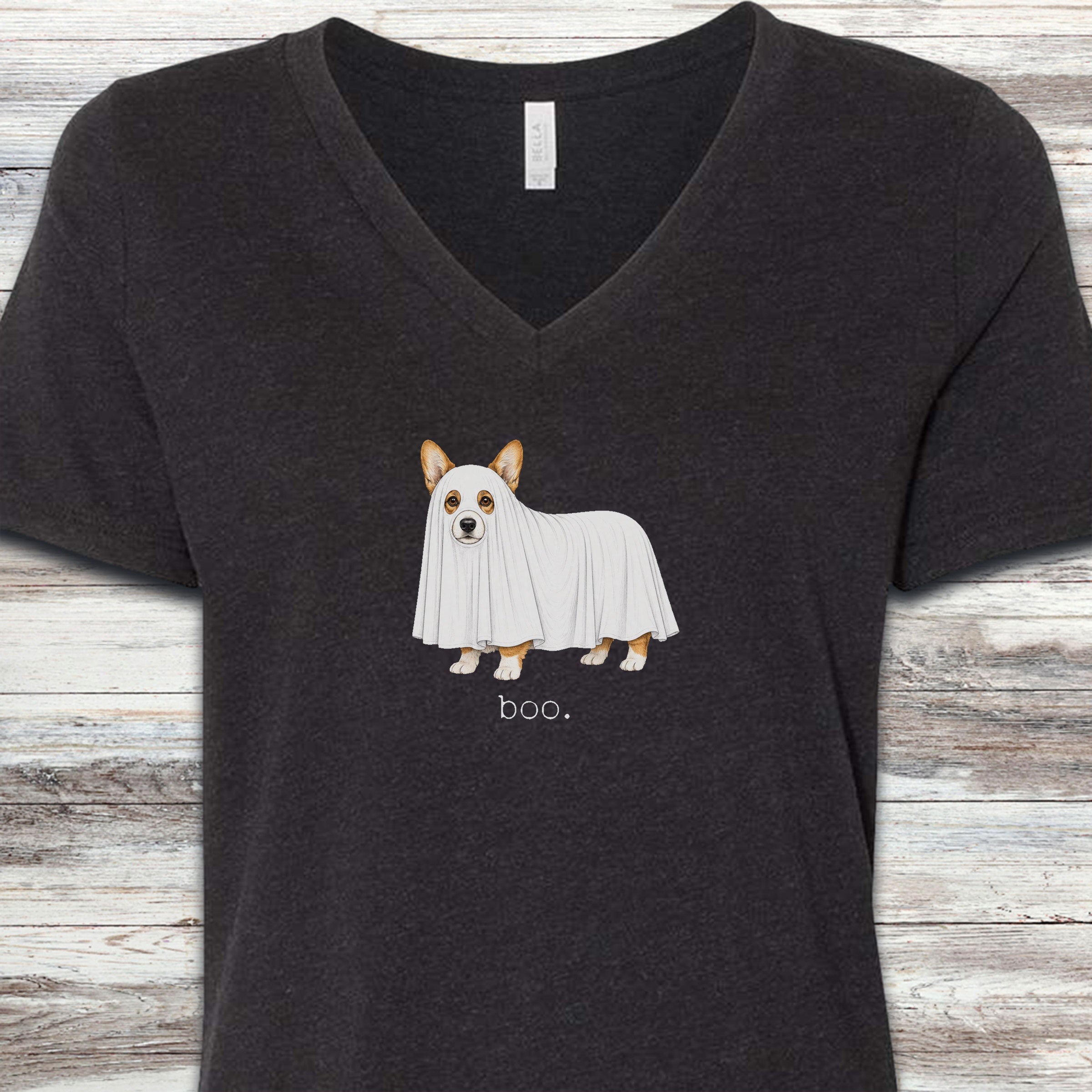 Corgi Boo V-Neck Tee - Black Heather