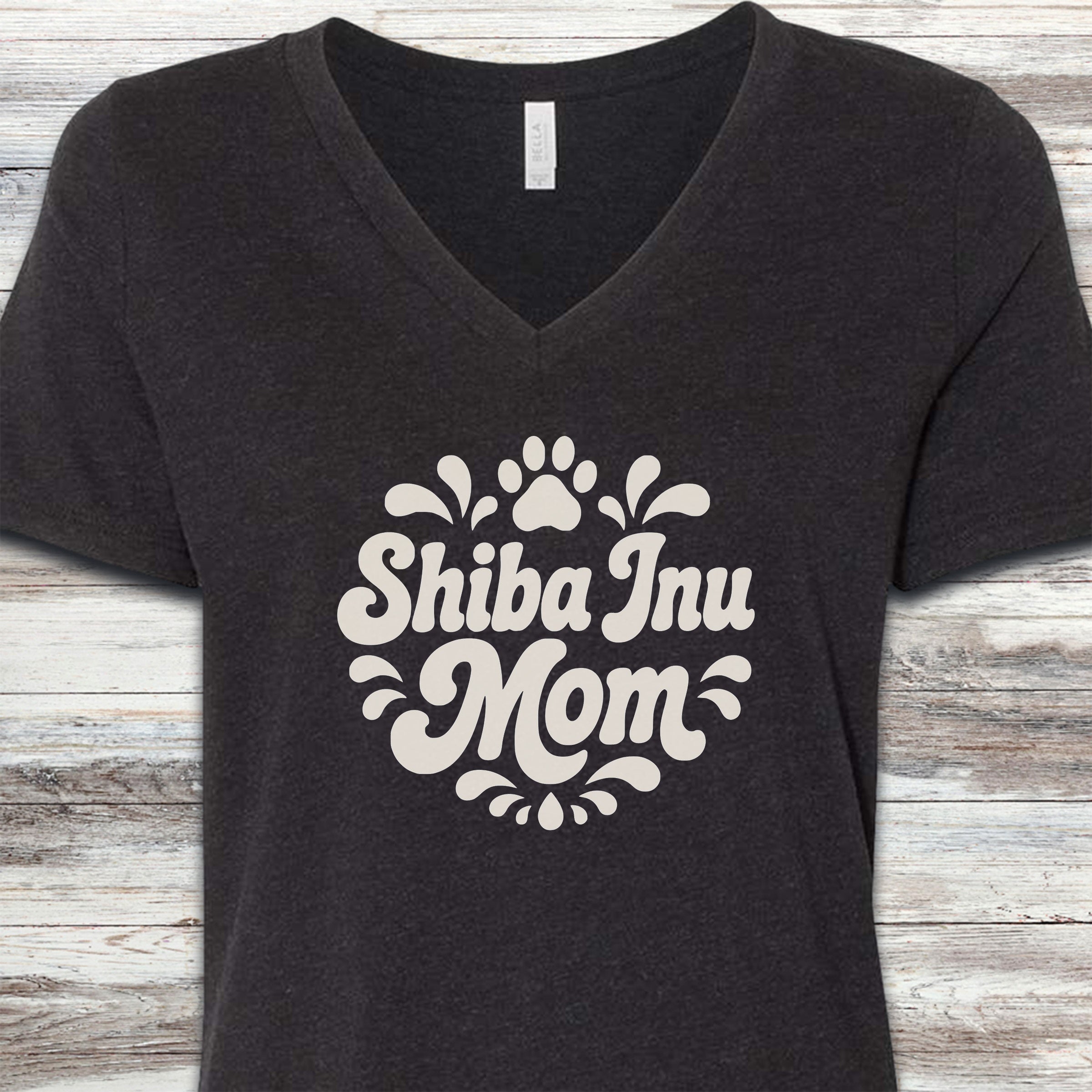 Shiba Inu Groovy Mom V-Neck Tee - Black Heather