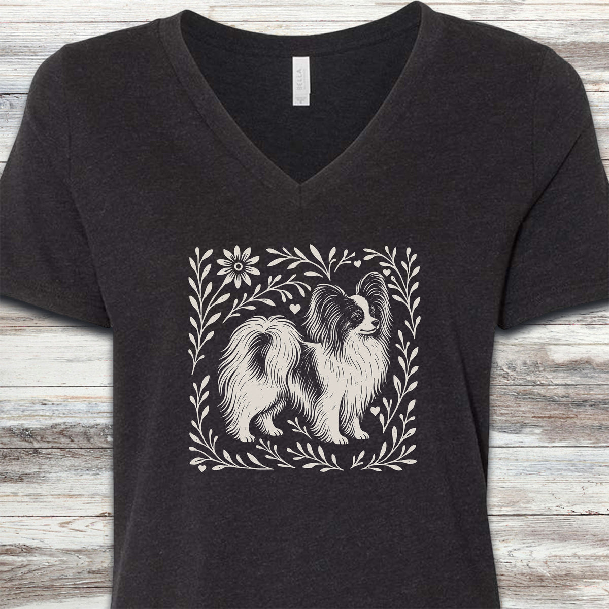 Papillon Linocut V-Neck Tee - Black Heather