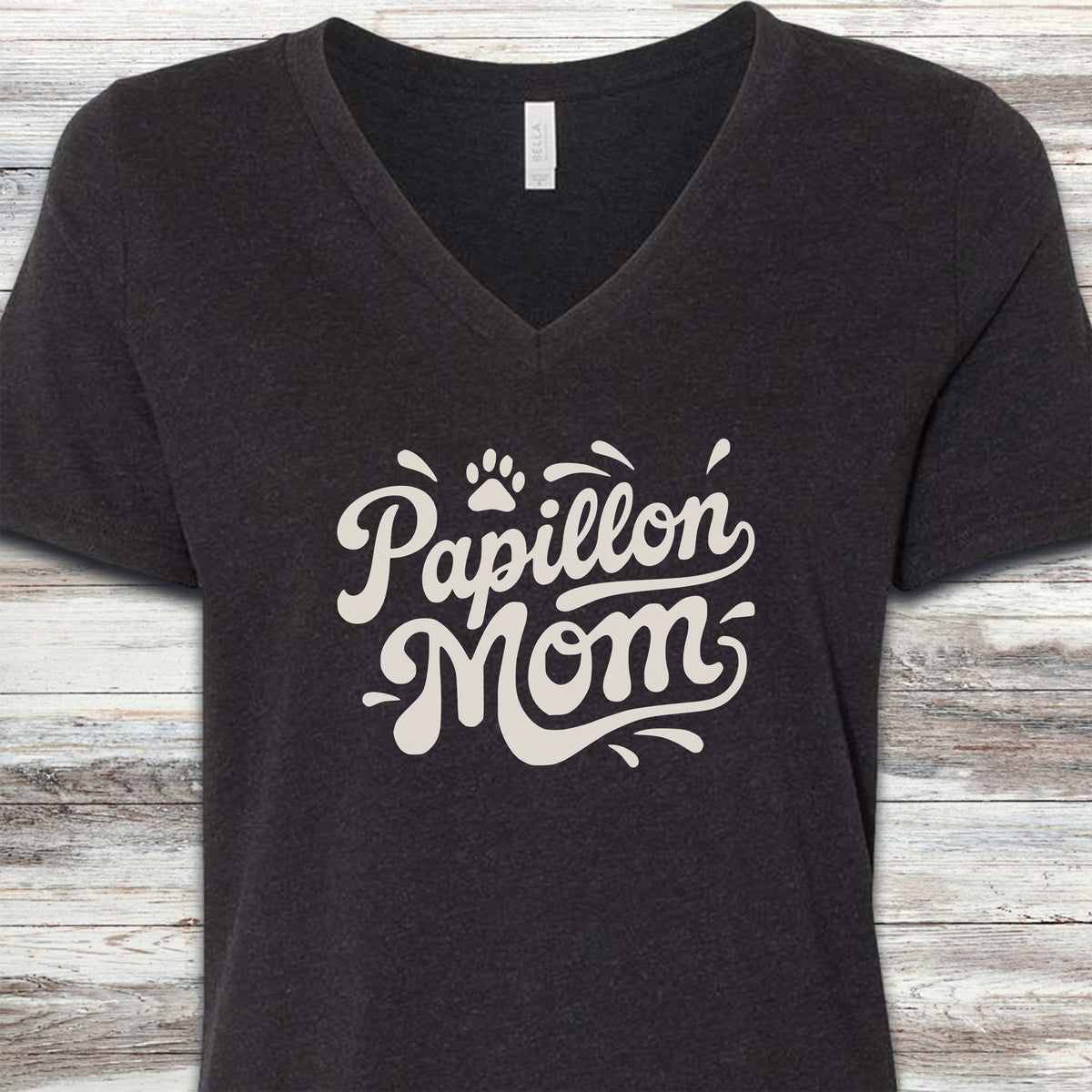 Papillon Groovy Mom V-Neck Tee - Black Heather