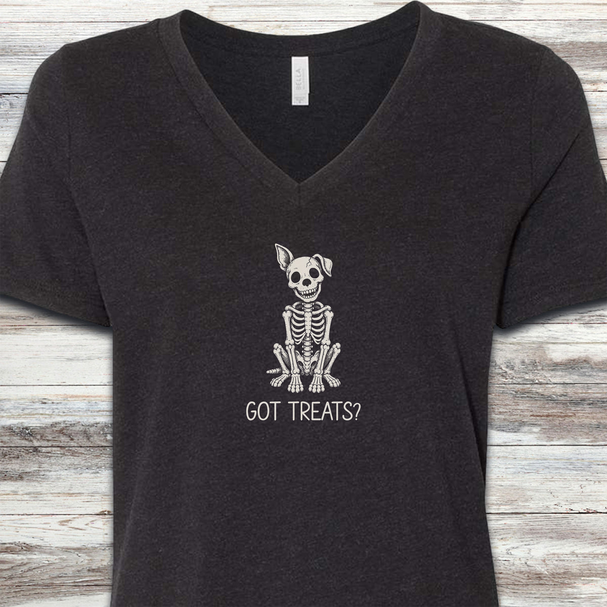 Skelly Dog Got Treats V-Neck Tee - Black Heather