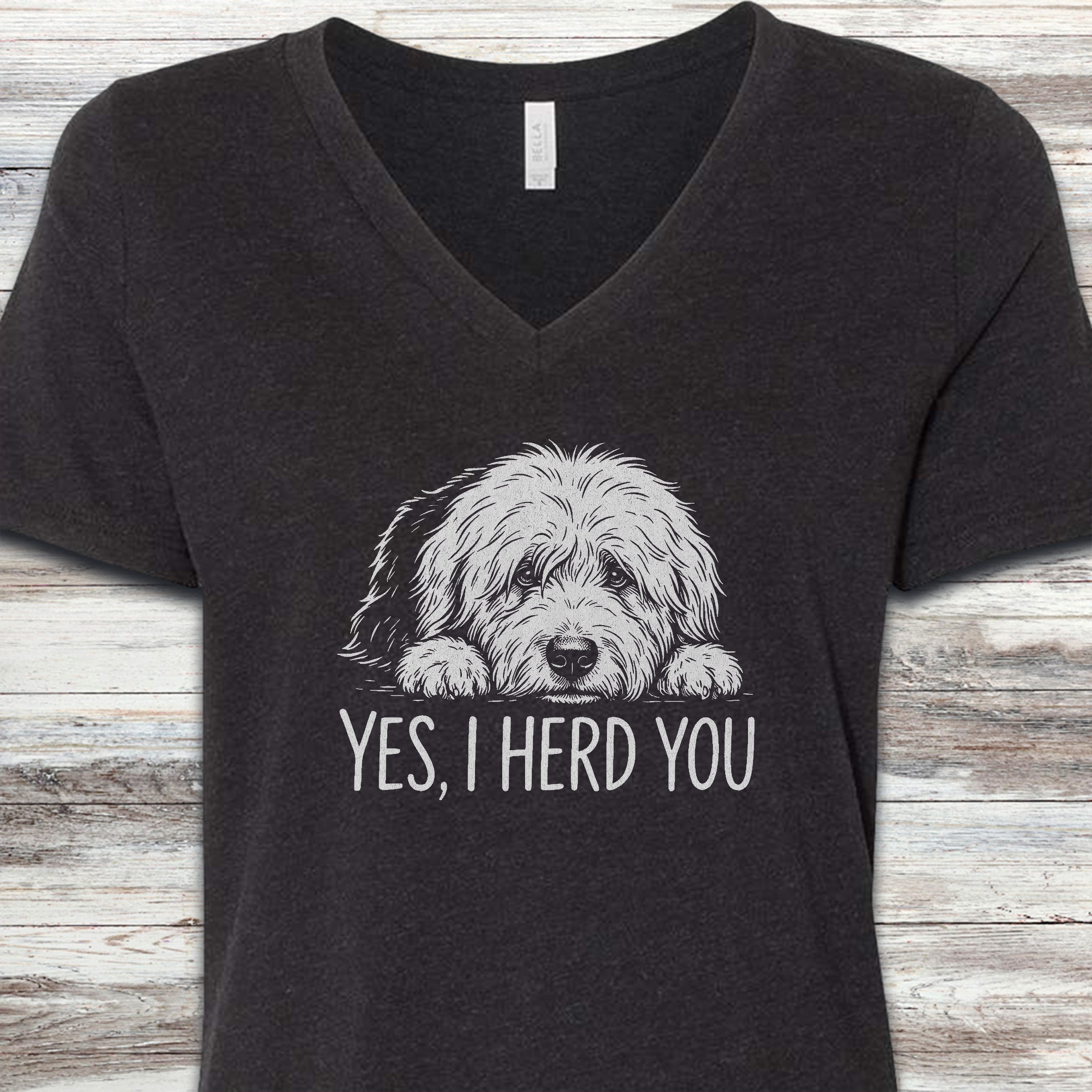 Old English Sheepdog Herd You V-Neck Tee - Black Heather