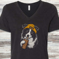 Border Collie Herd You Beanie V-Neck Tee - Black Heather