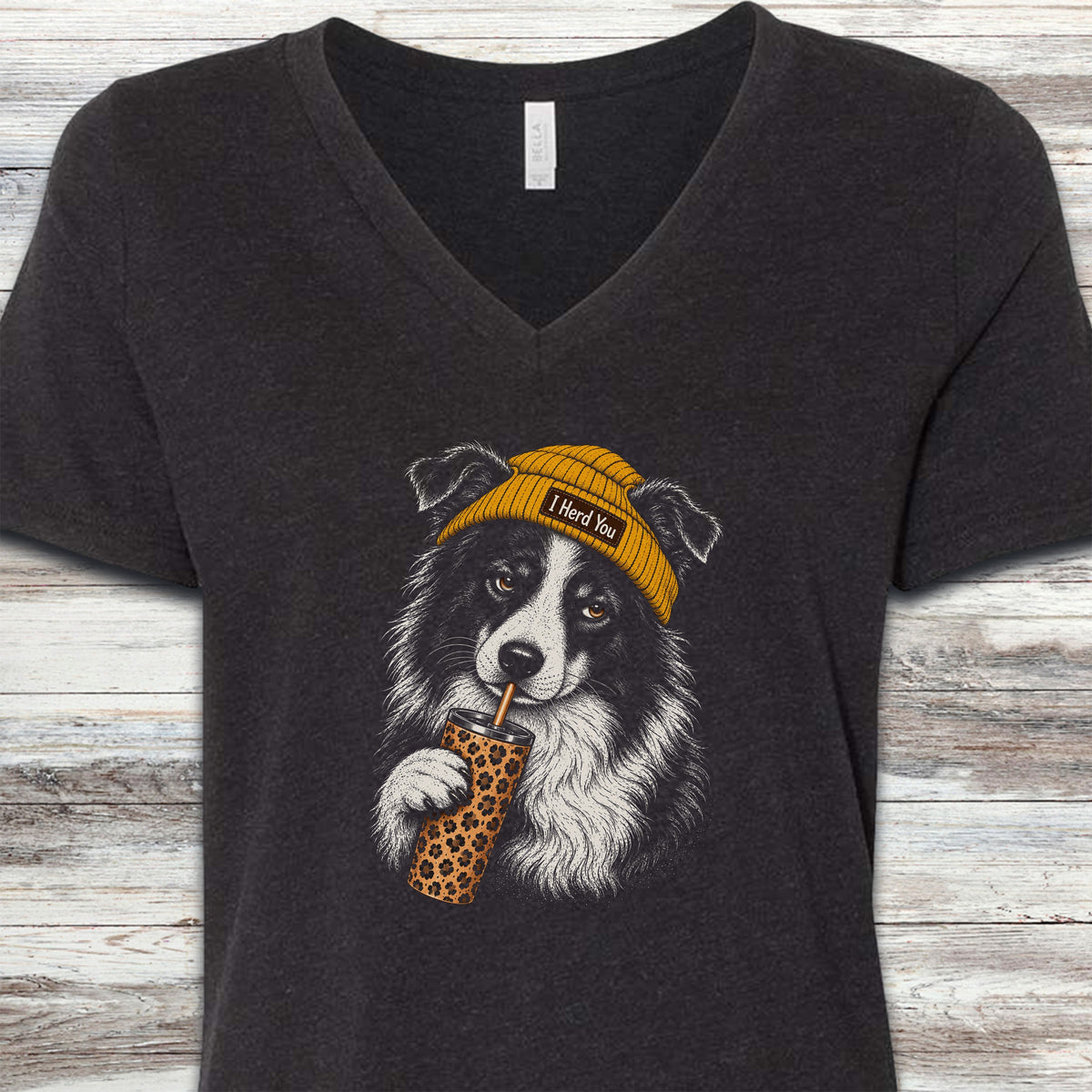 Border Collie Herd You Beanie V-Neck Tee - Black Heather