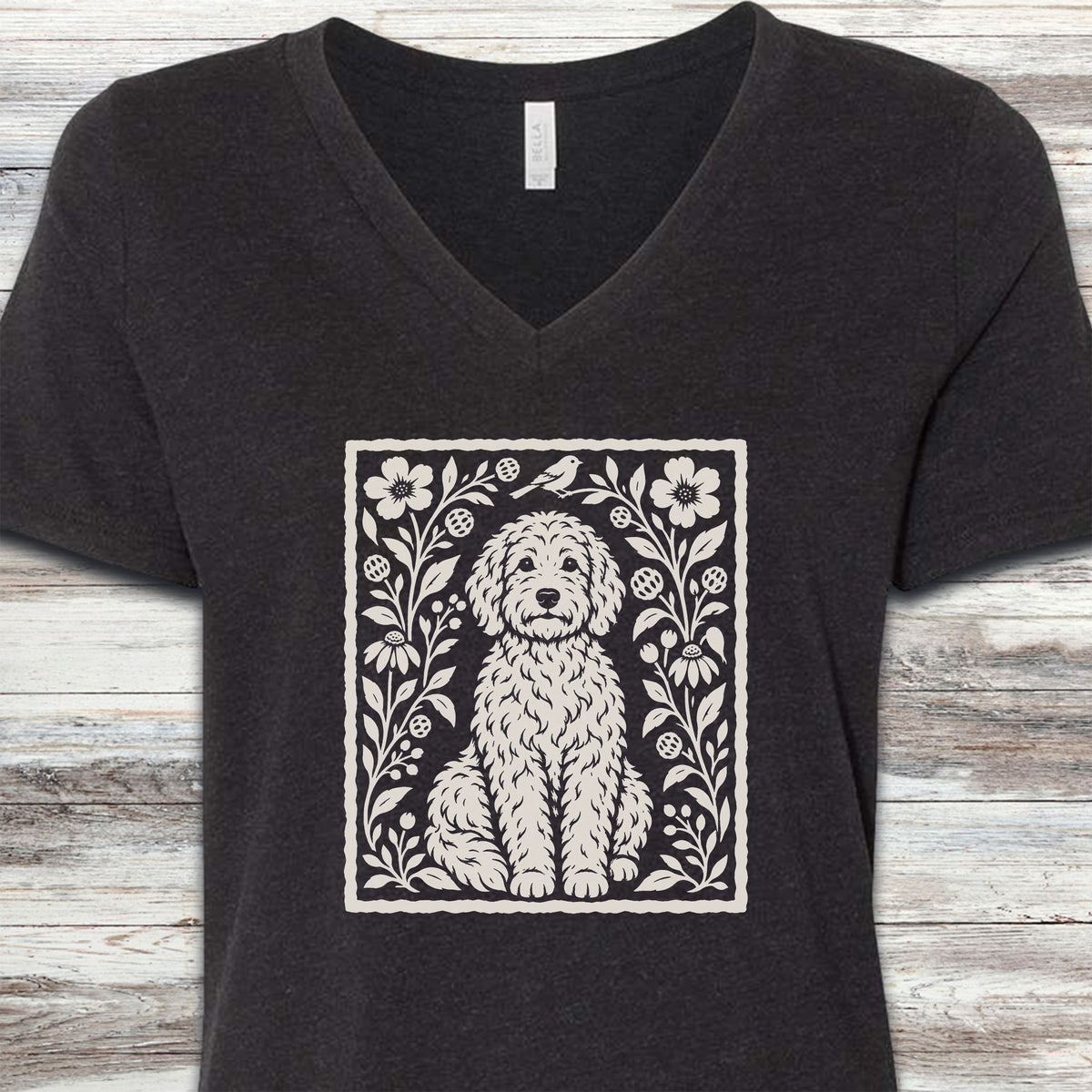 Doodle Folk Art Floral V-Neck Tee - Black Heather