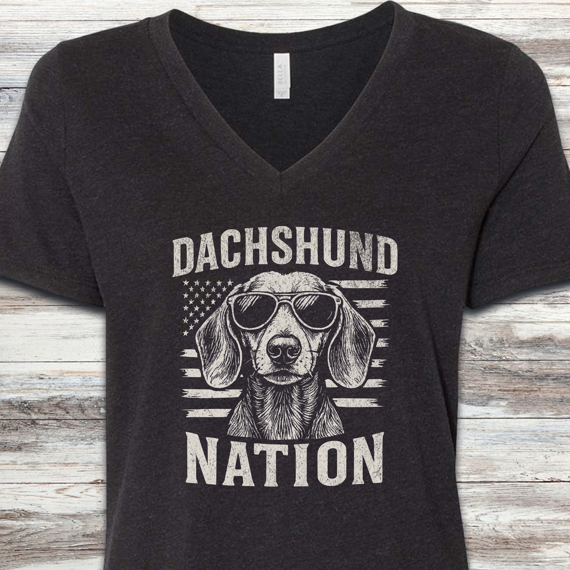 Dachshund Nation V-Neck Tee - Black Heather