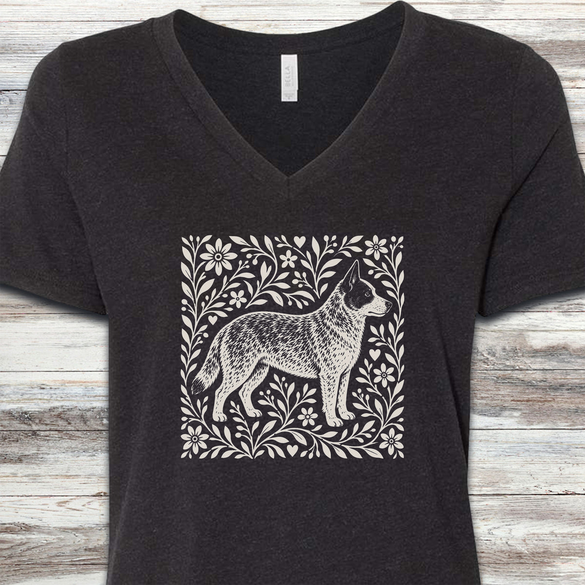 Australian Cattle Dog Linocut V-Neck Tee - Black Heather
