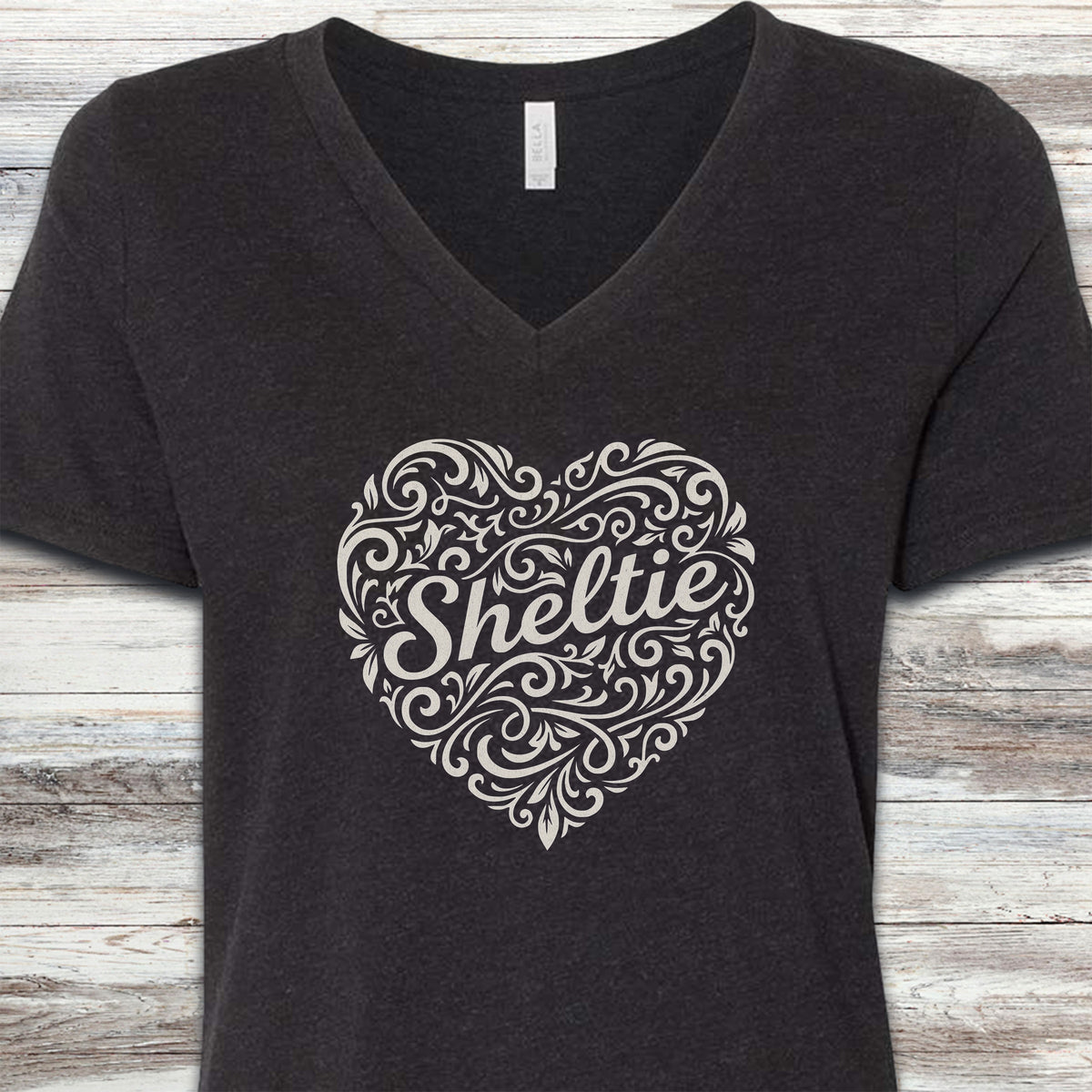 Shetland Sheepdog Heart Script V-Neck Tee - Black Heather