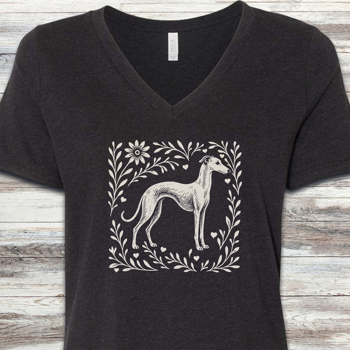 Whippet Linocut V-Neck Tee - Black Heather