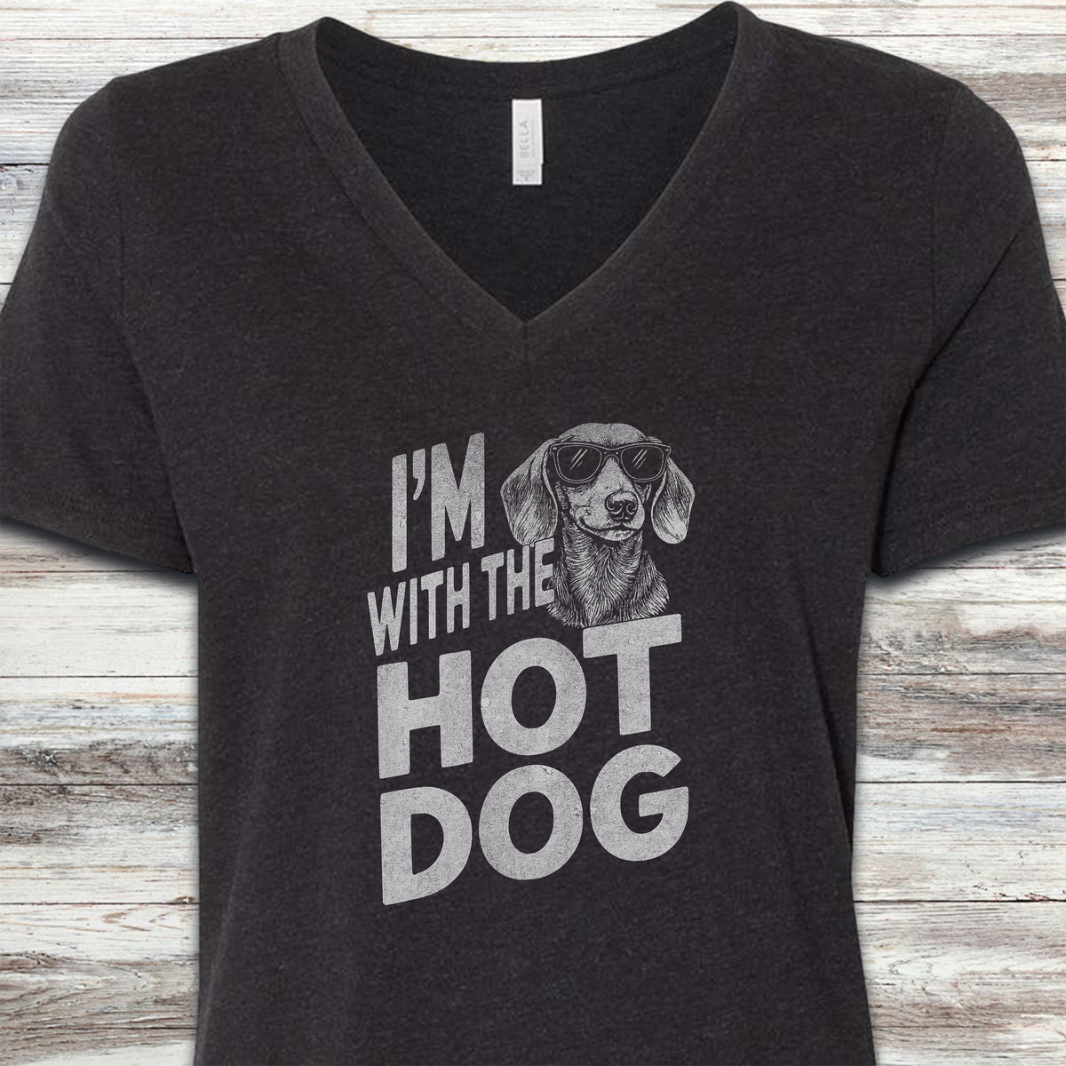 Dachshund Hot Dog V-Neck Tee - Black Heather