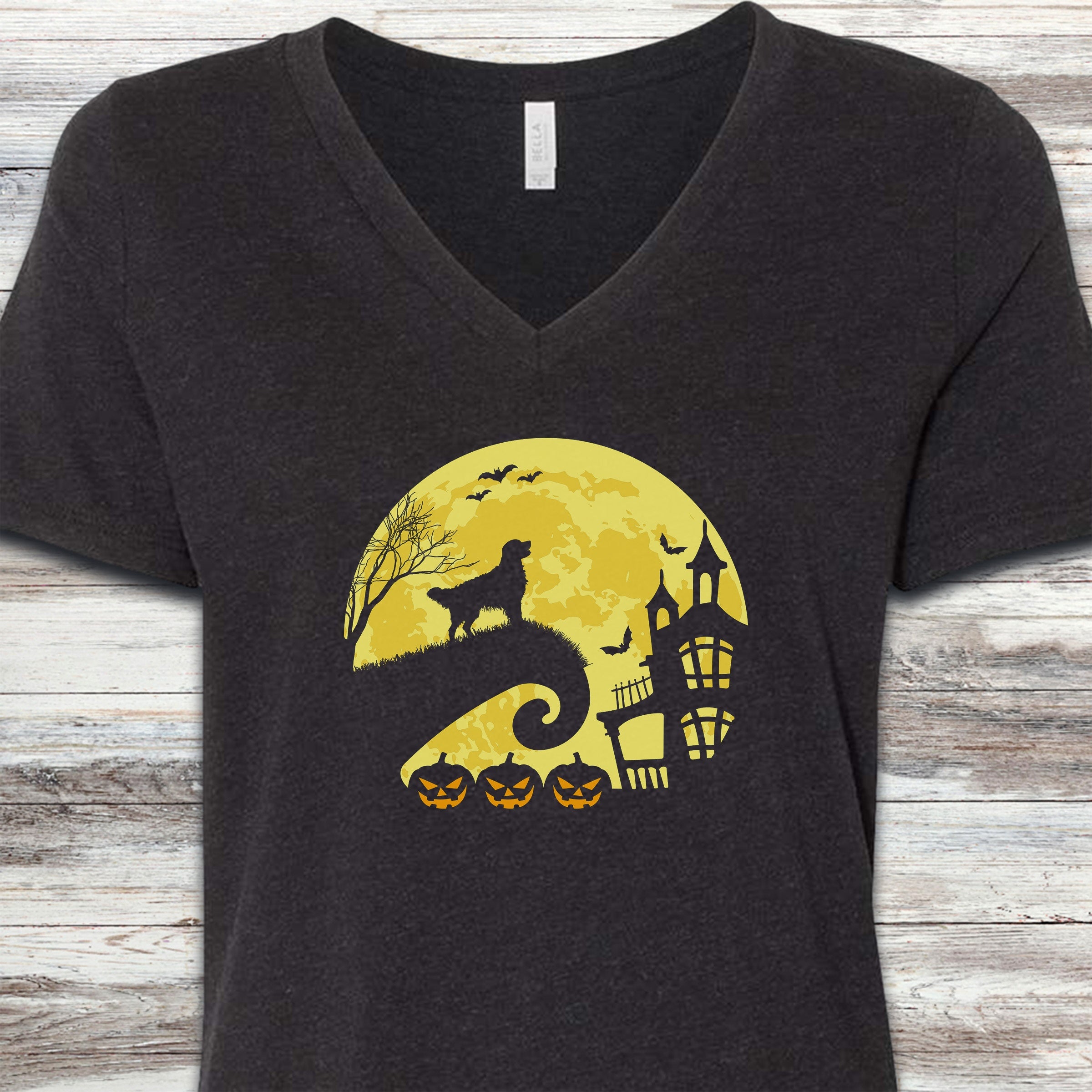 Golden Retriever Halloween Moon V-Neck Tee - Black Heather