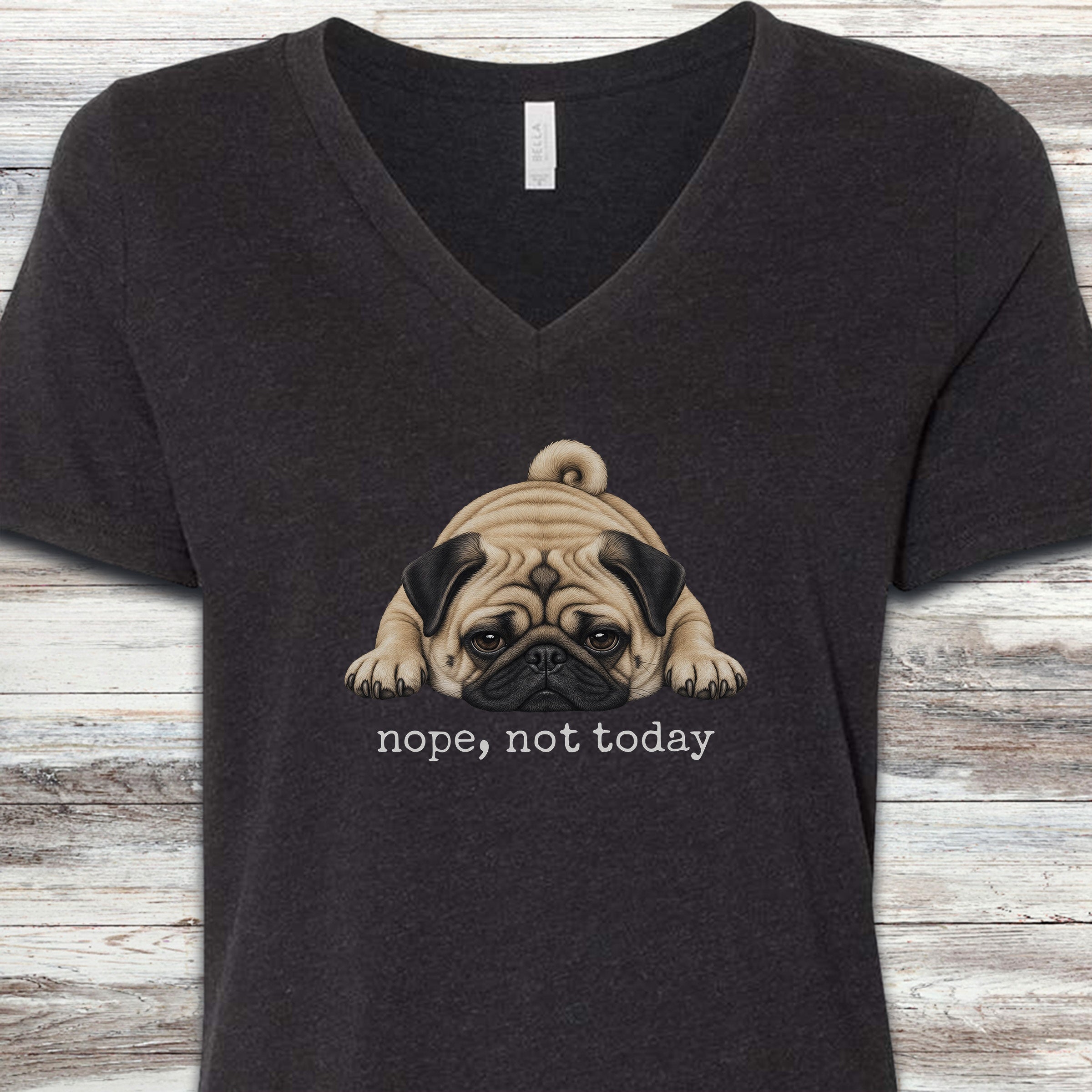 Pug Nope V-Neck Tee - Black Heather