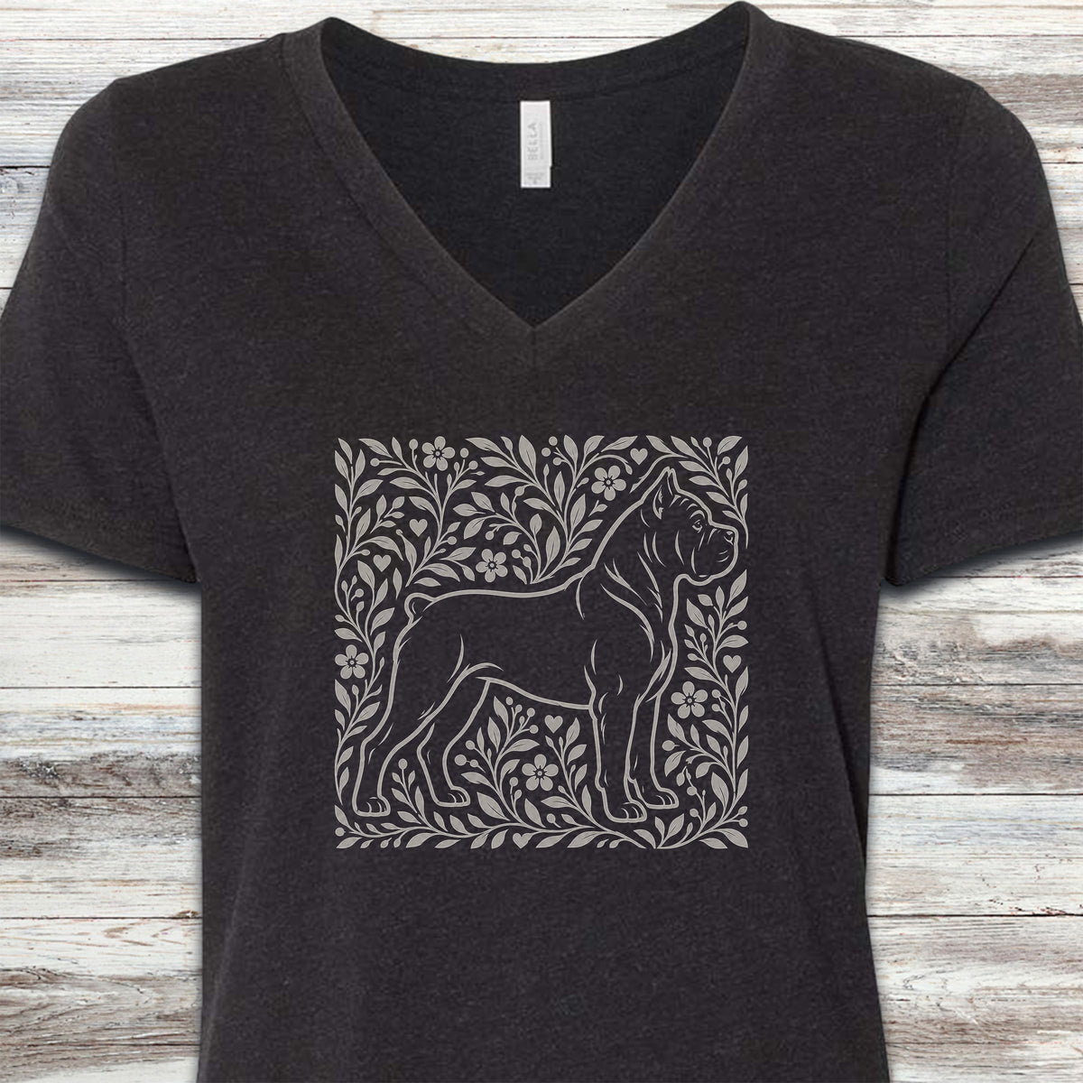 Cane Corso Dark Linocut V-Neck Tee - Black Heather