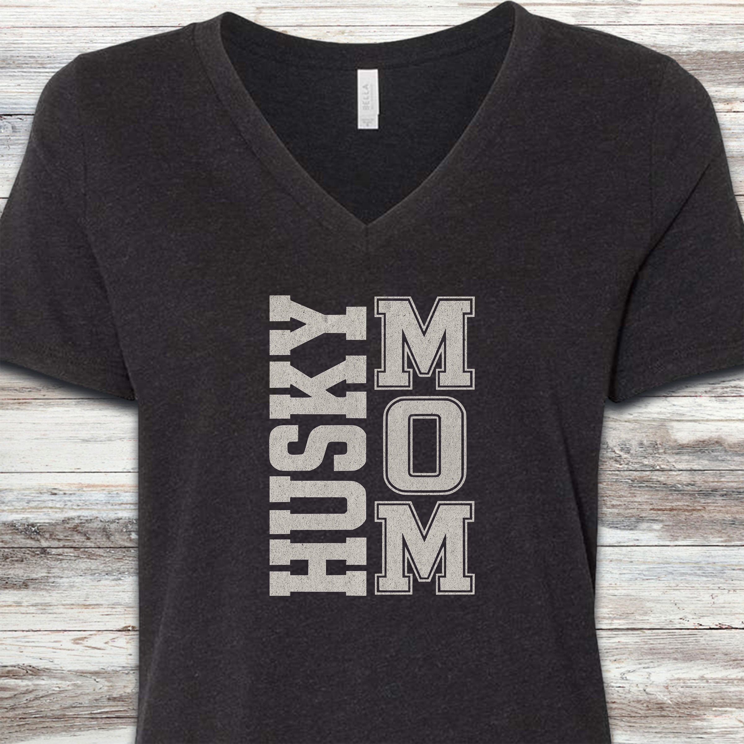 Husky Mom V-Neck Tee - Black Heather