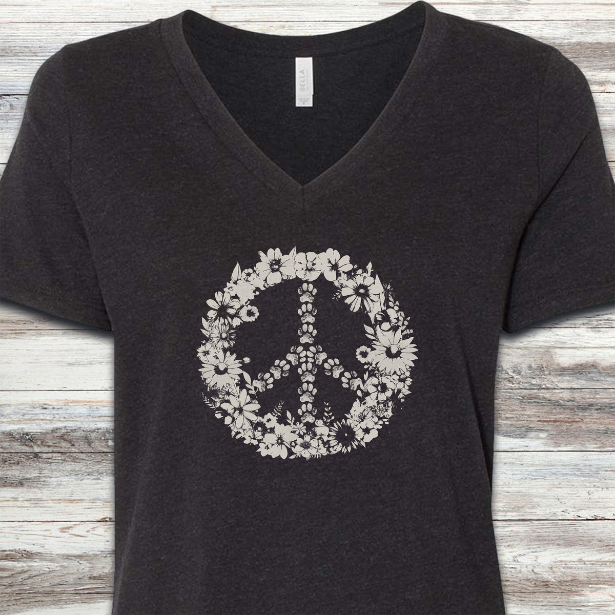 Vintage Floral Peace V-Neck Tee - Black Heather