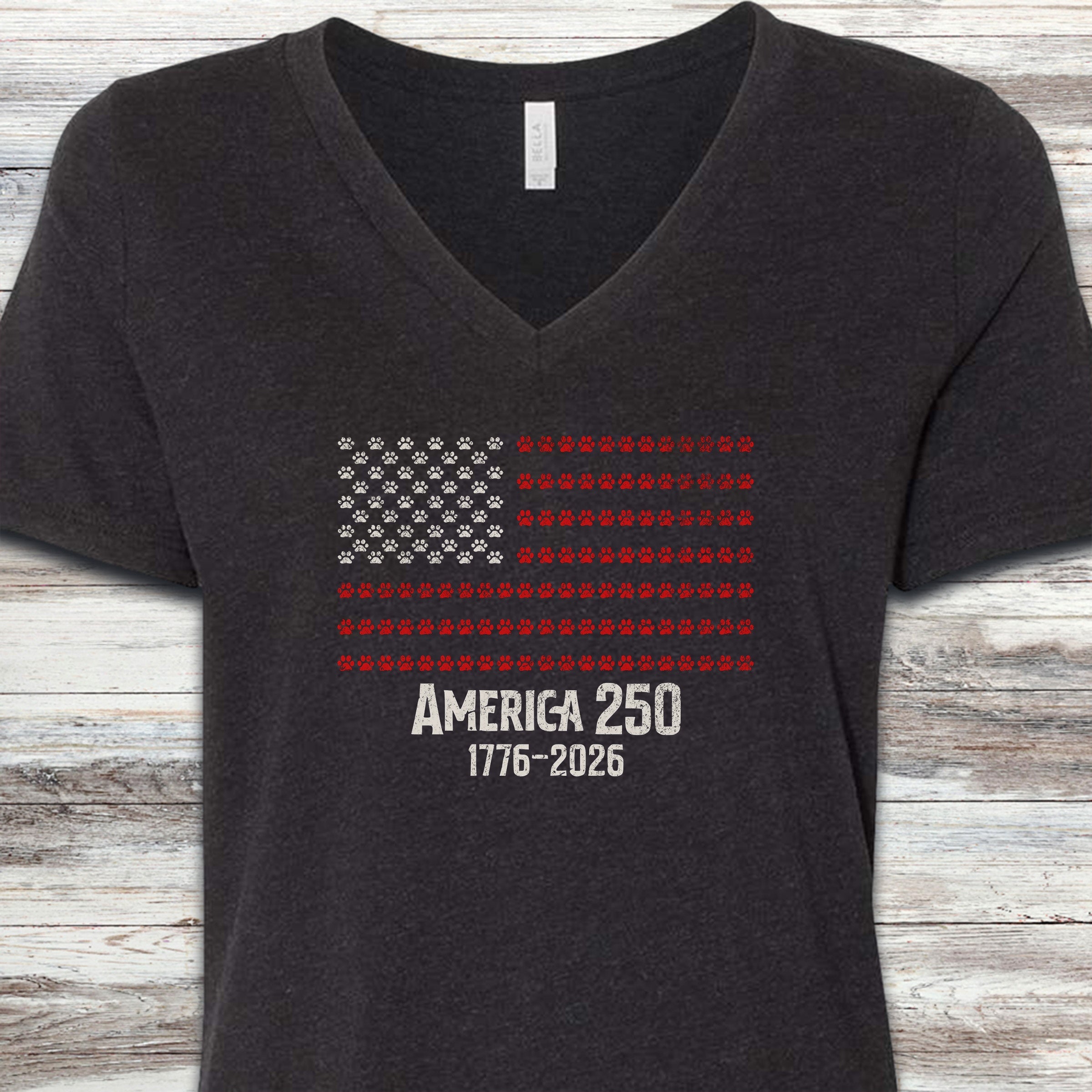 Vintage Red White & Paws 1776-2026 V-Neck Tee - Black Heather