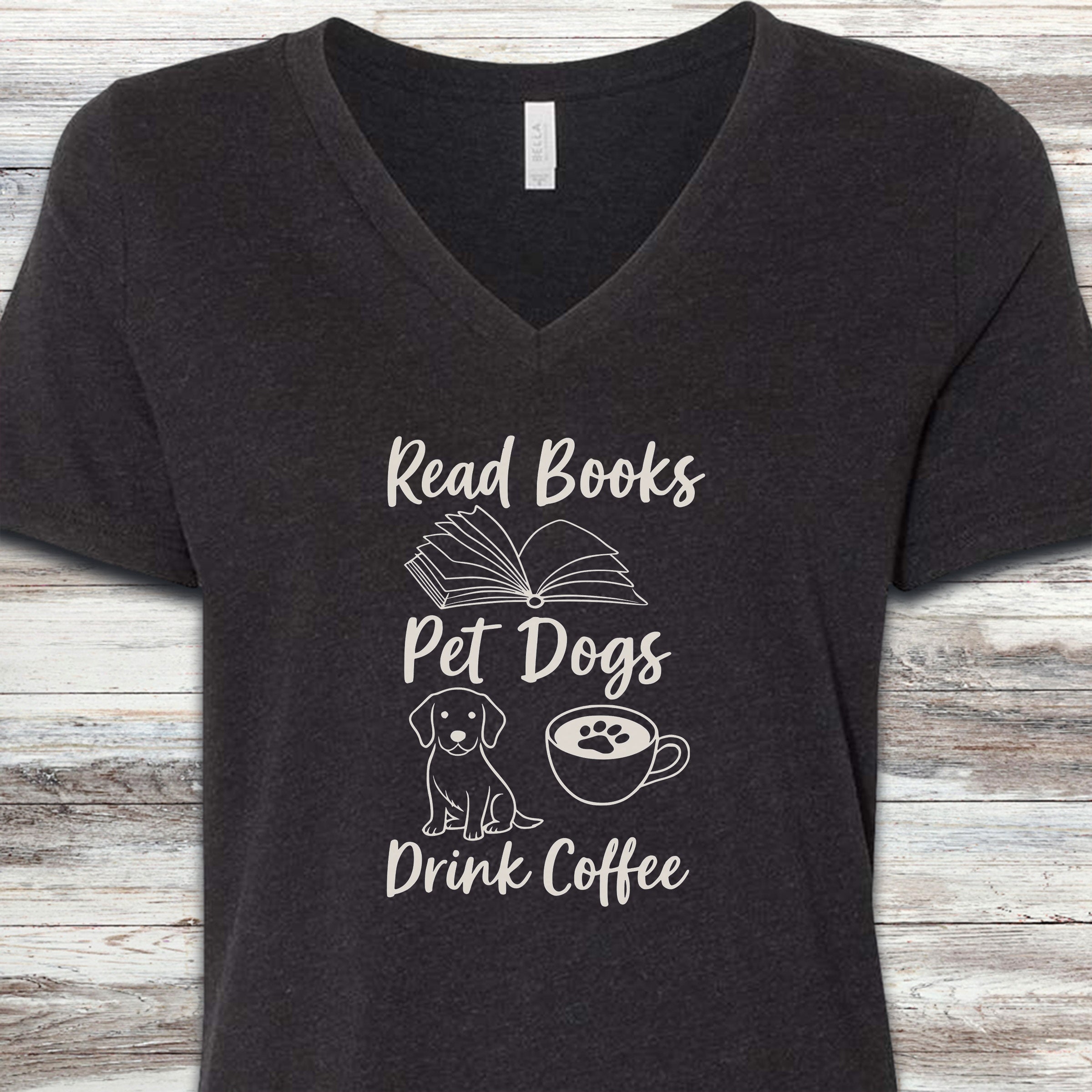 Books Dogs Coffee V-Neck Tee - Black Heather
