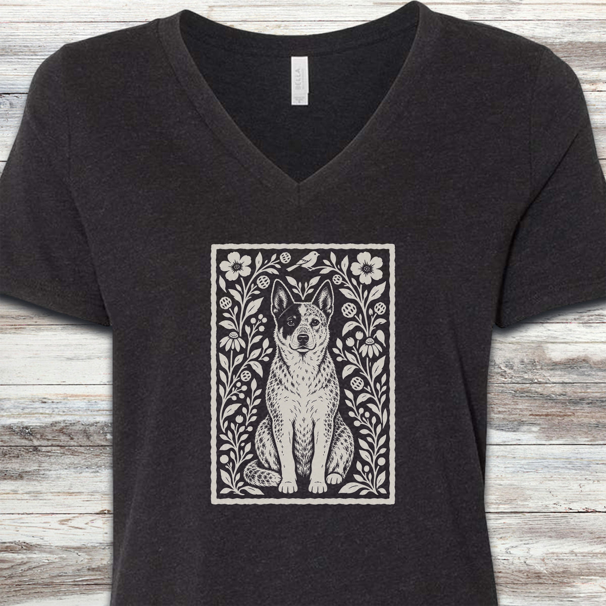 Australian Cattle Dog Folk Art Floral V-Neck Tee - Black Heather