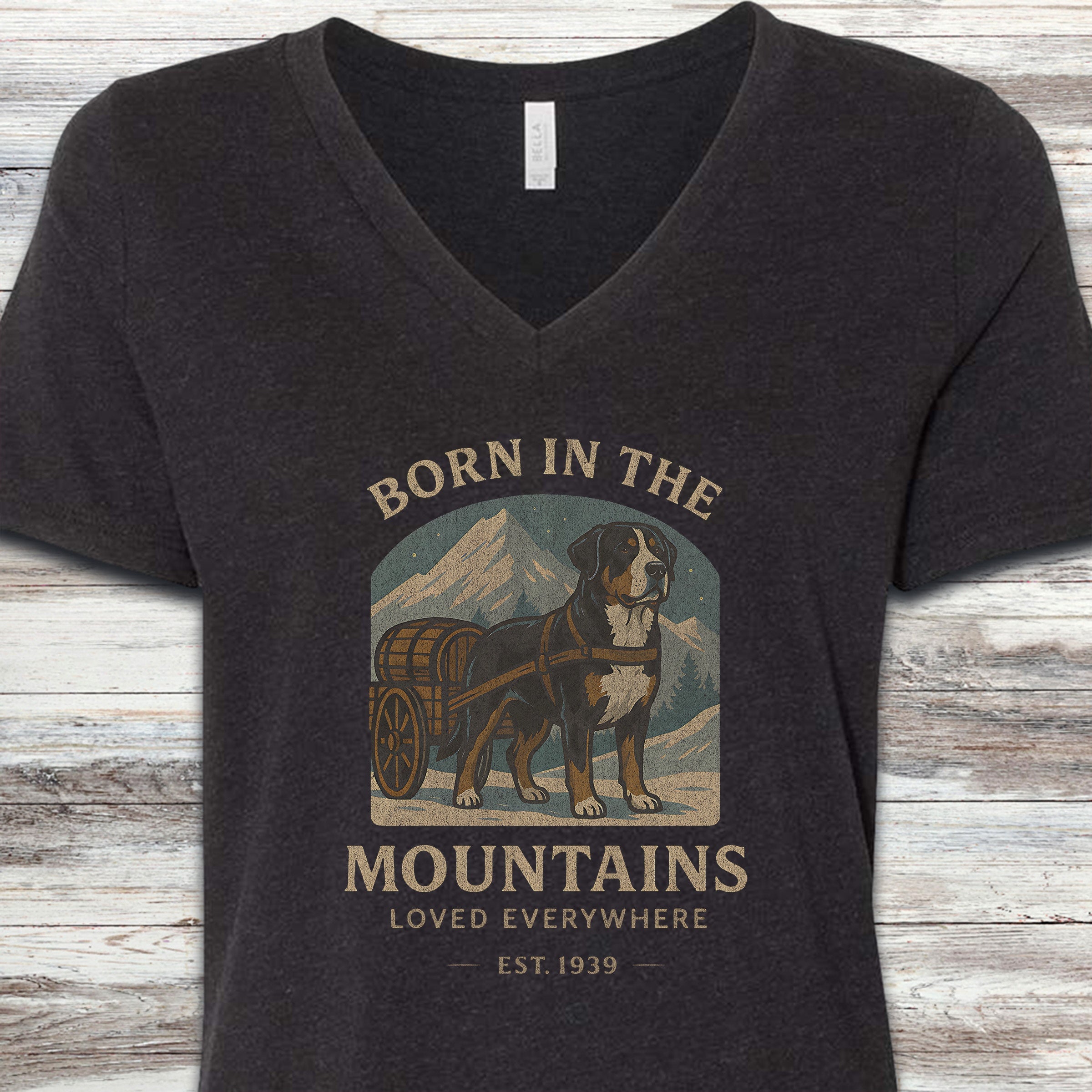 Swiss Mountain Dog Born V-Neck Tee - Black Heather