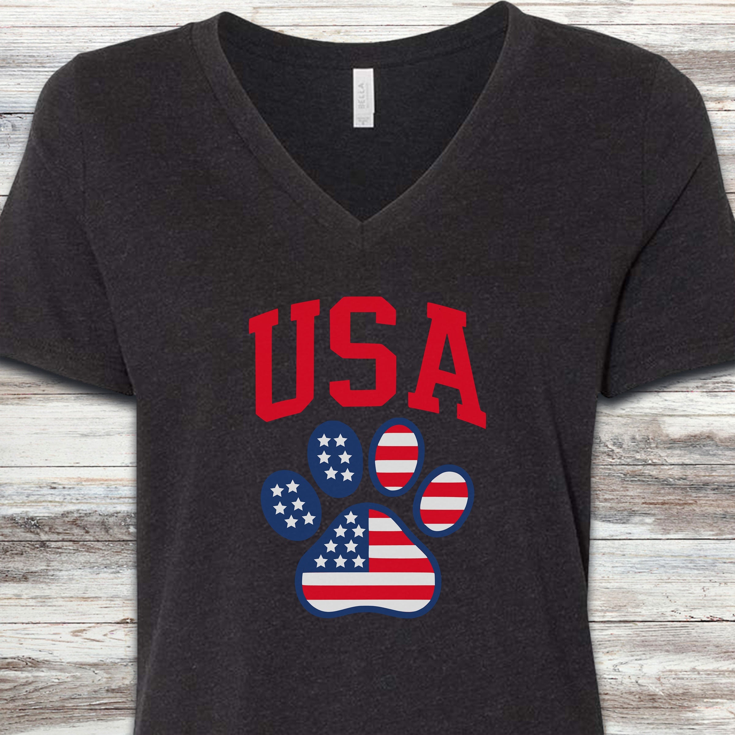 USA Paw Print V-Neck Tee - Black Heather