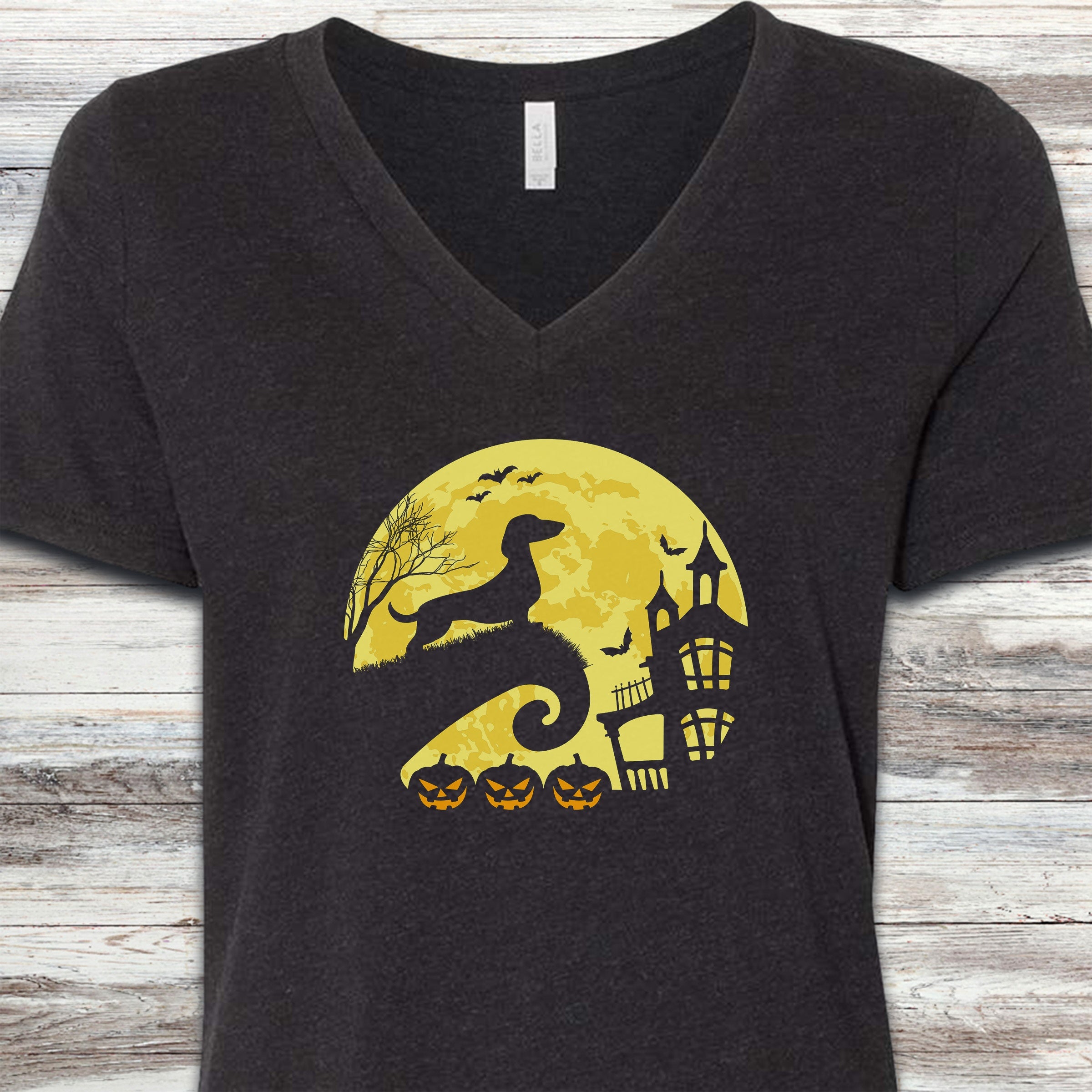 Dachshund Halloween Moon V-Neck Tee - Black Heather