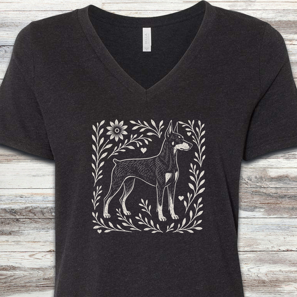 Doberman Linocut V-Neck Tee - Black Heather