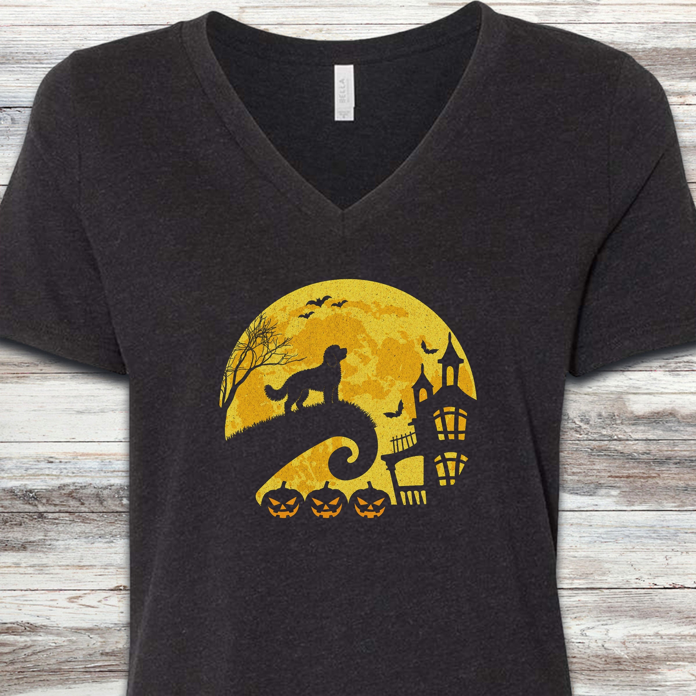 Doodle Halloween Moon V-Neck Tee - Black Heather