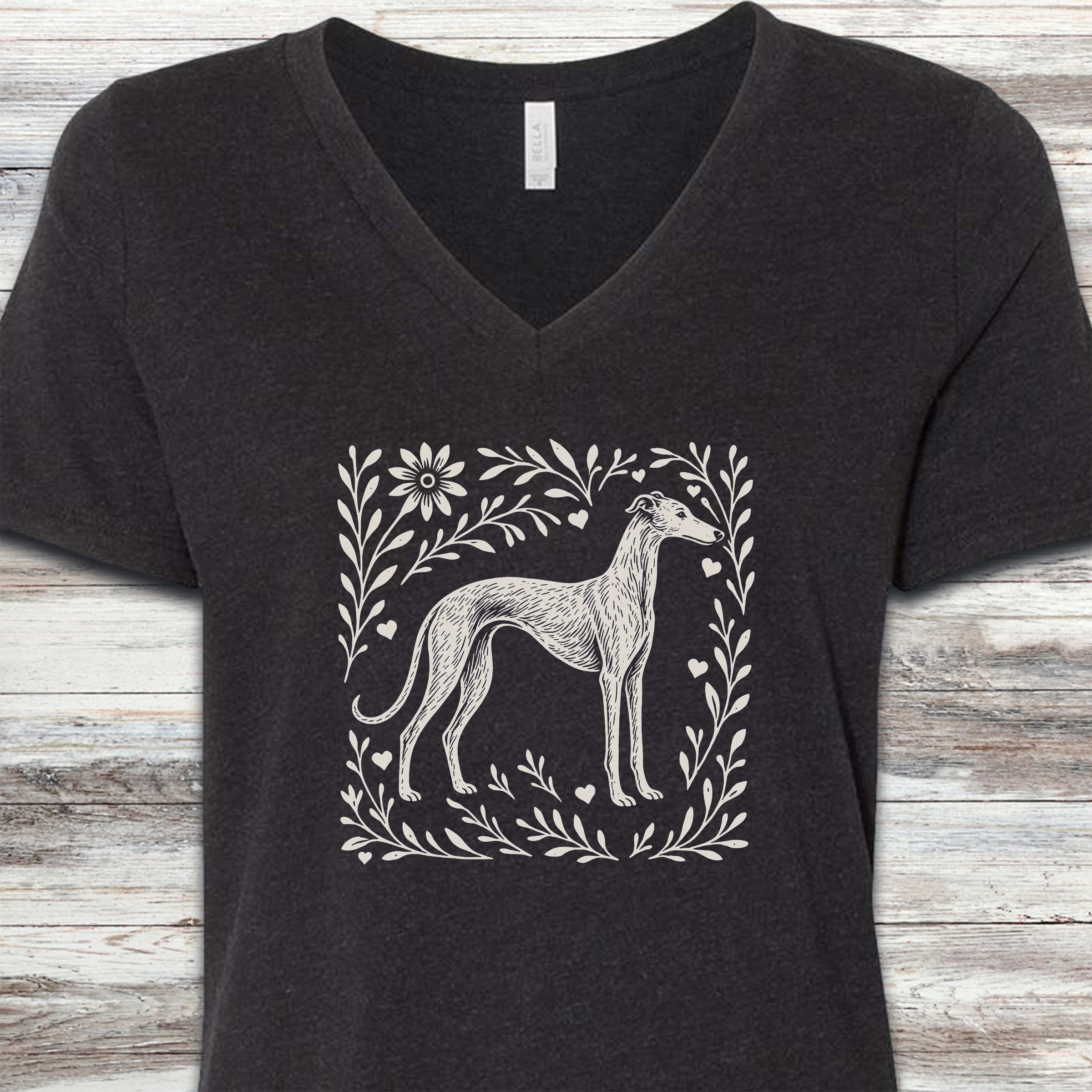 Greyhound Linocut V-Neck Tee - Black Heather