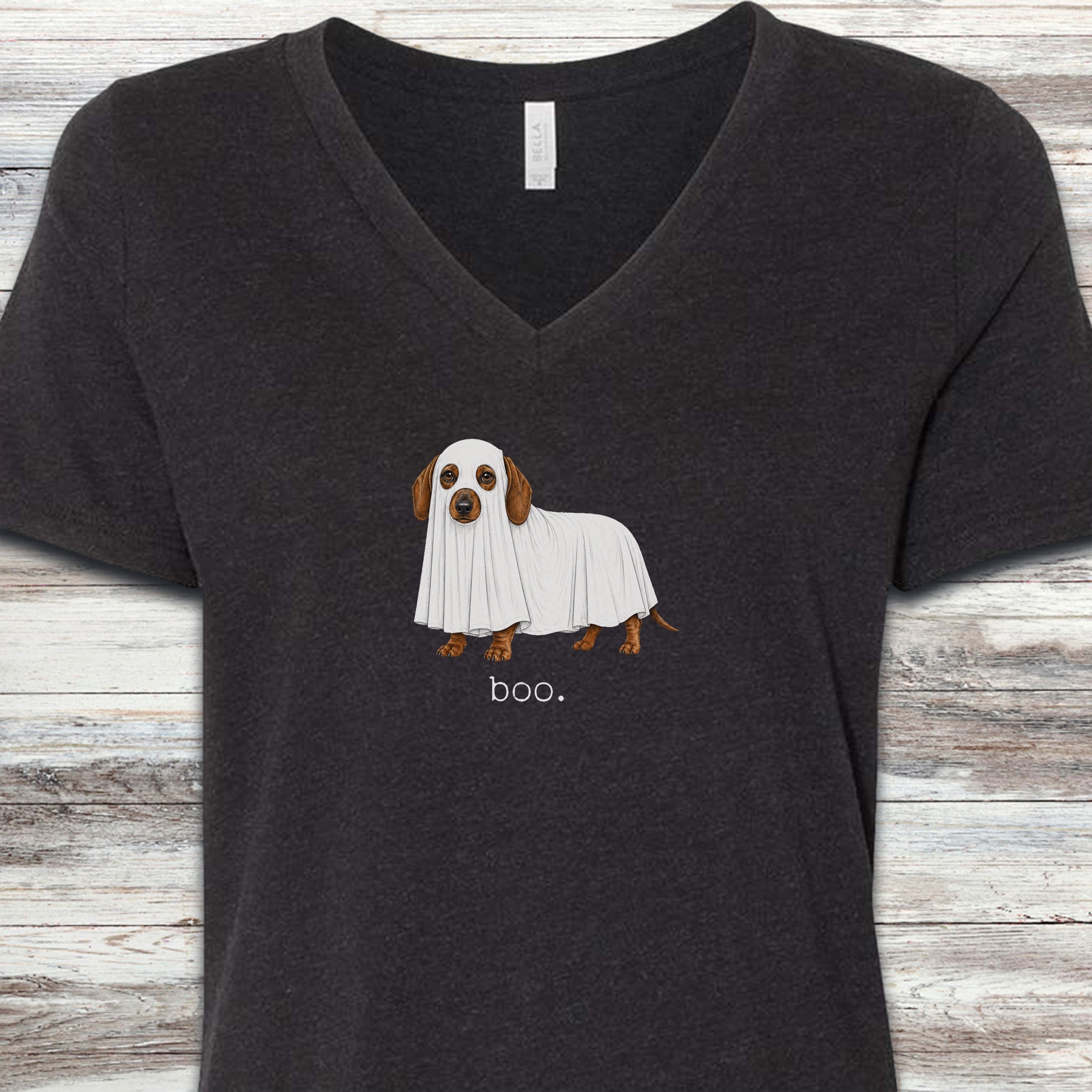 Dachshund Boo V-Neck Tee - Black Heather