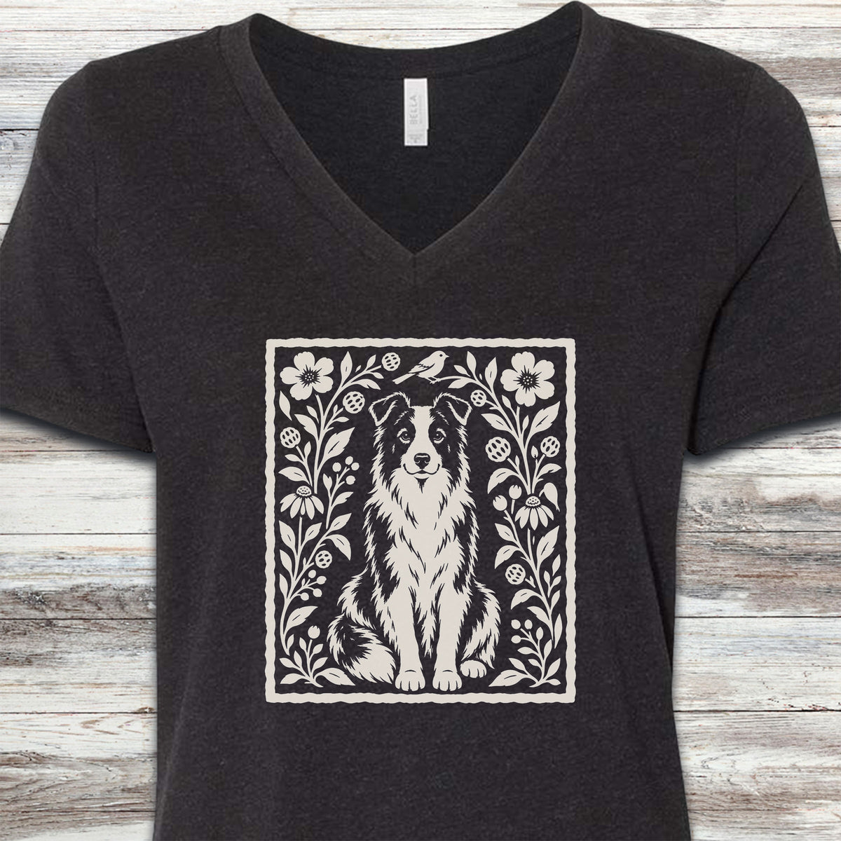 Border Collie Folk Art Floral V-Neck Tee - Black Heather