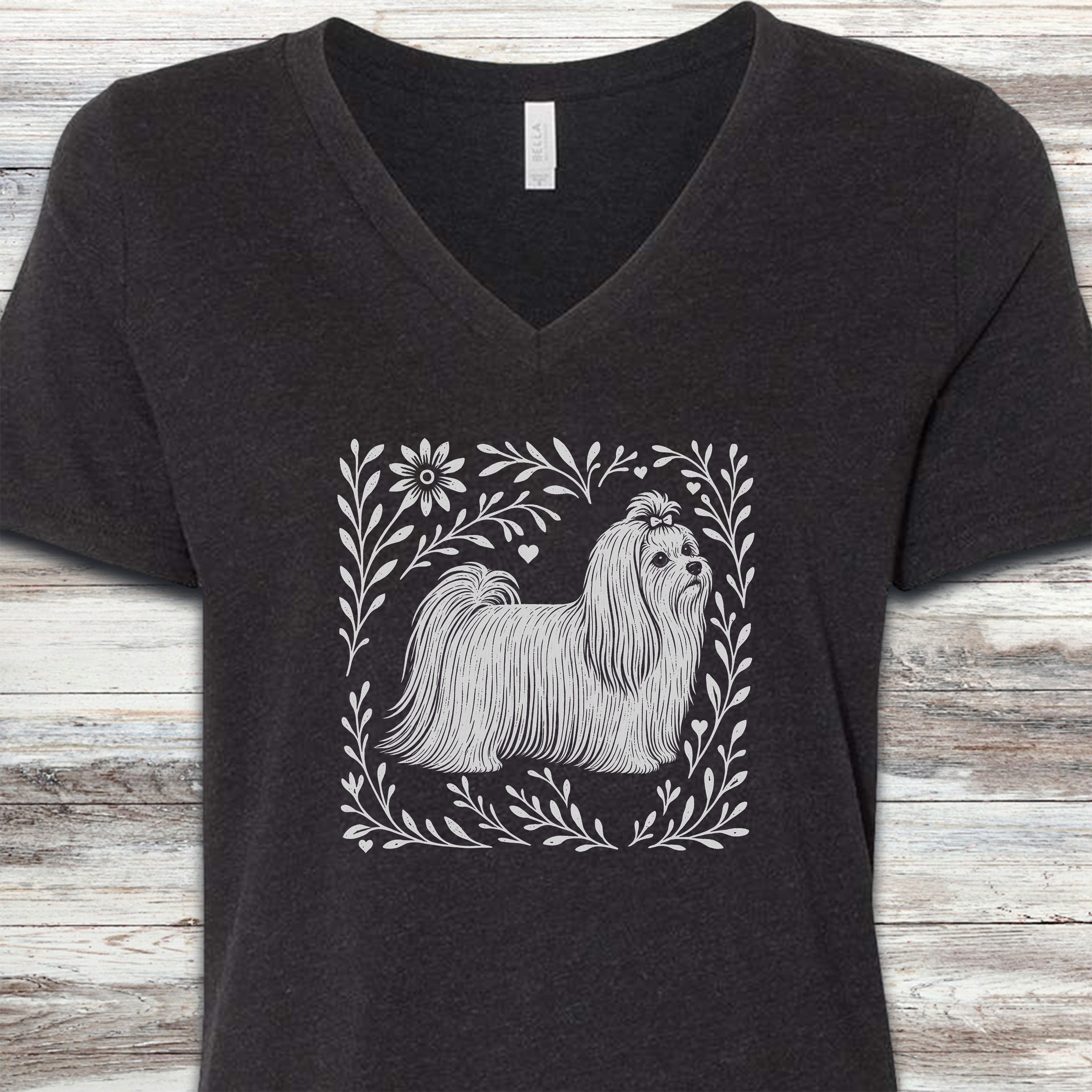 Maltese Linocut V-Neck Tee - Black Heather