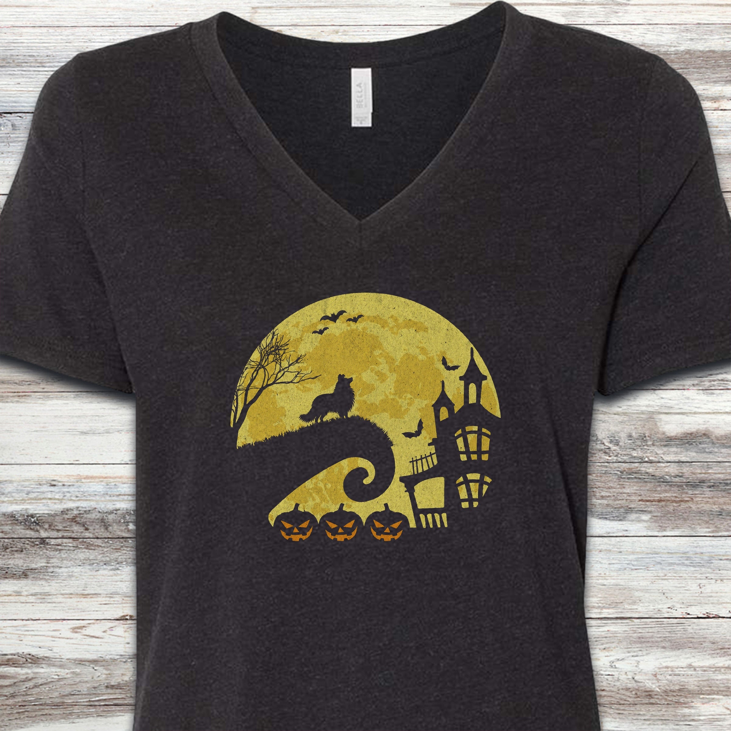Shetland Sheepdog Halloween Moon V-Neck Tee - Black Heather
