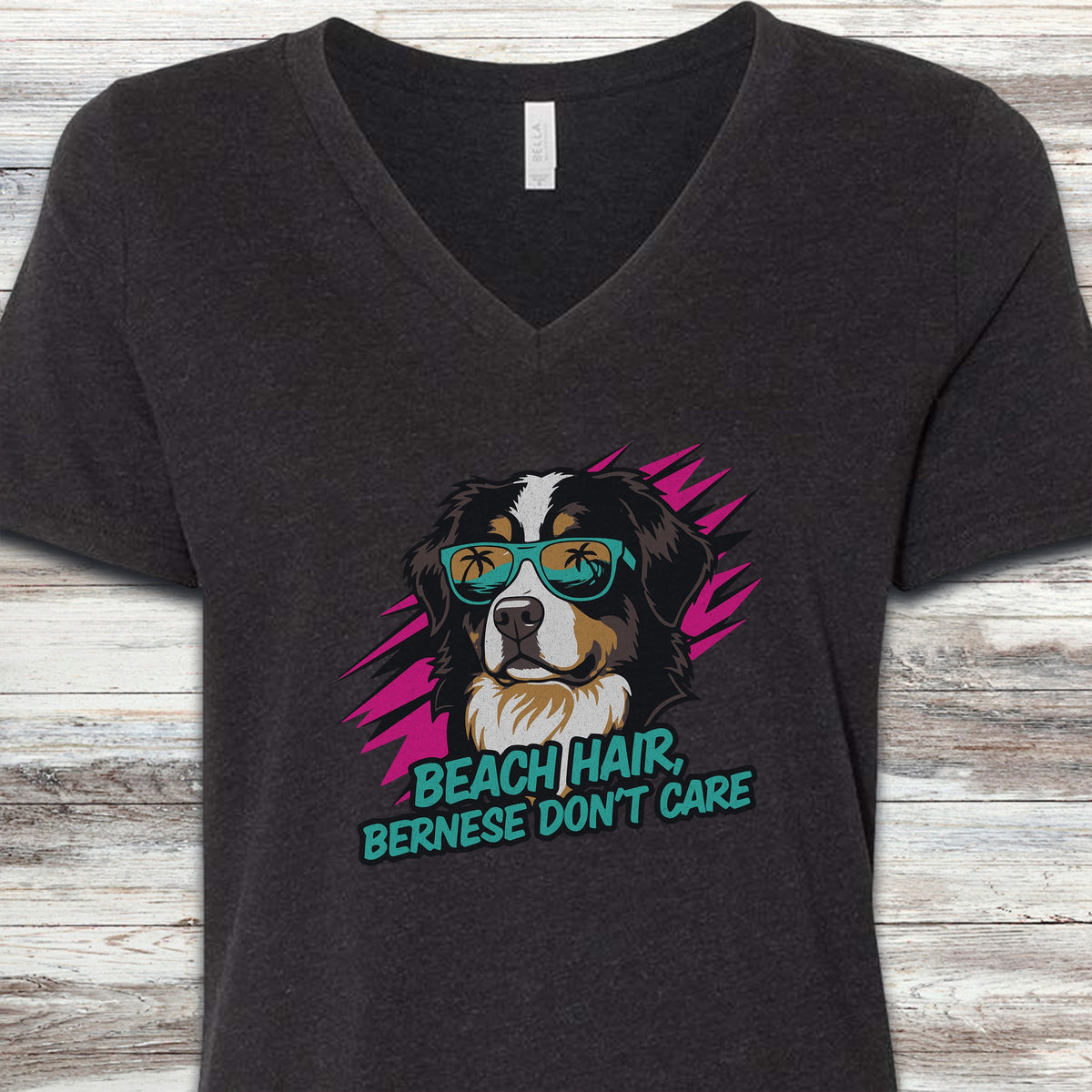 Bernese Mountain Dog Beach Hair V-Neck Tee - Black Heather
