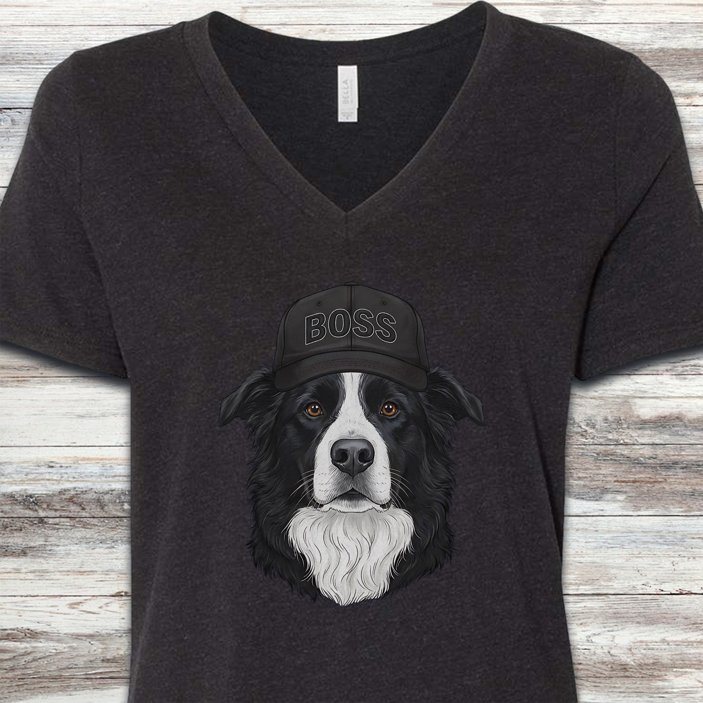 Border Collie Boss Hat V-Neck Tee - Black Heather