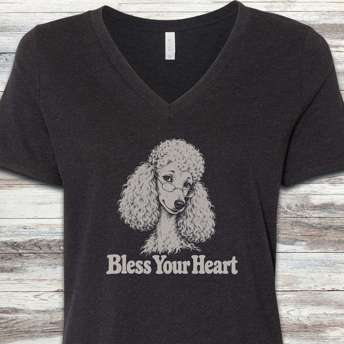 Poodle Light Bless Your Heart V-Neck Tee - Black Heather