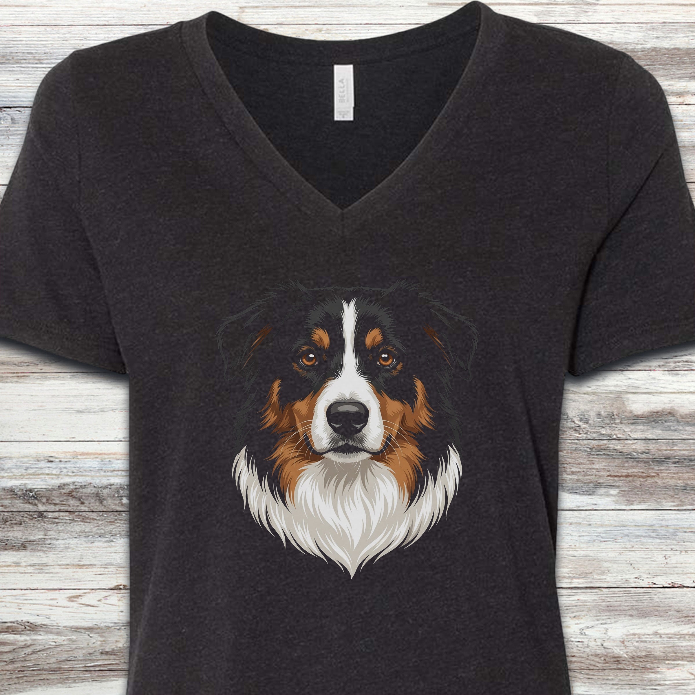 Australian Shepherd Black Tri Studio Portrait V-Neck Tee - Black Heather