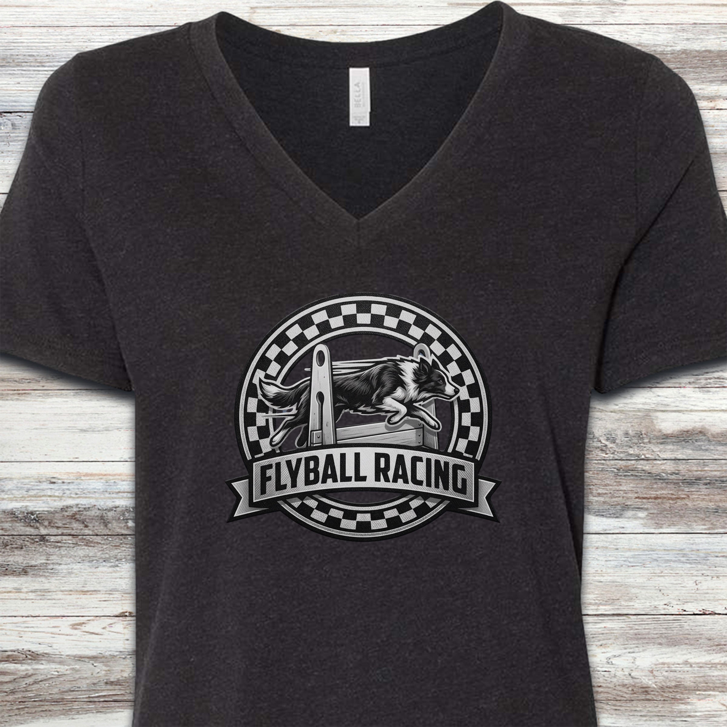 Border Collie Flyball Racing V-Neck Tee - Black Heather