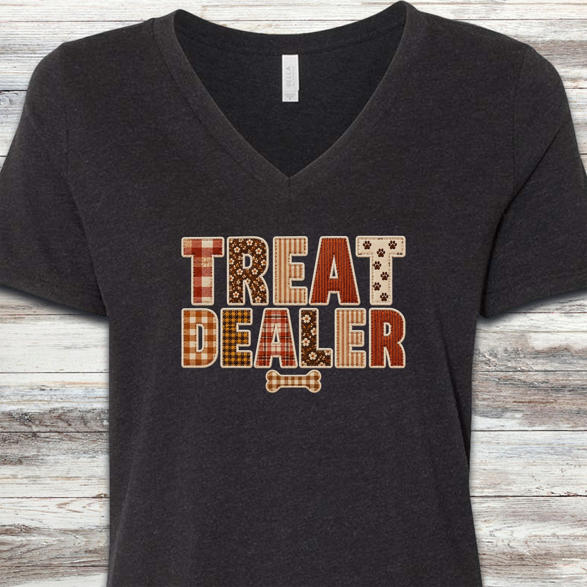Treat Dealer Fall Faux Patchwork V-Neck Tee - Black Heather