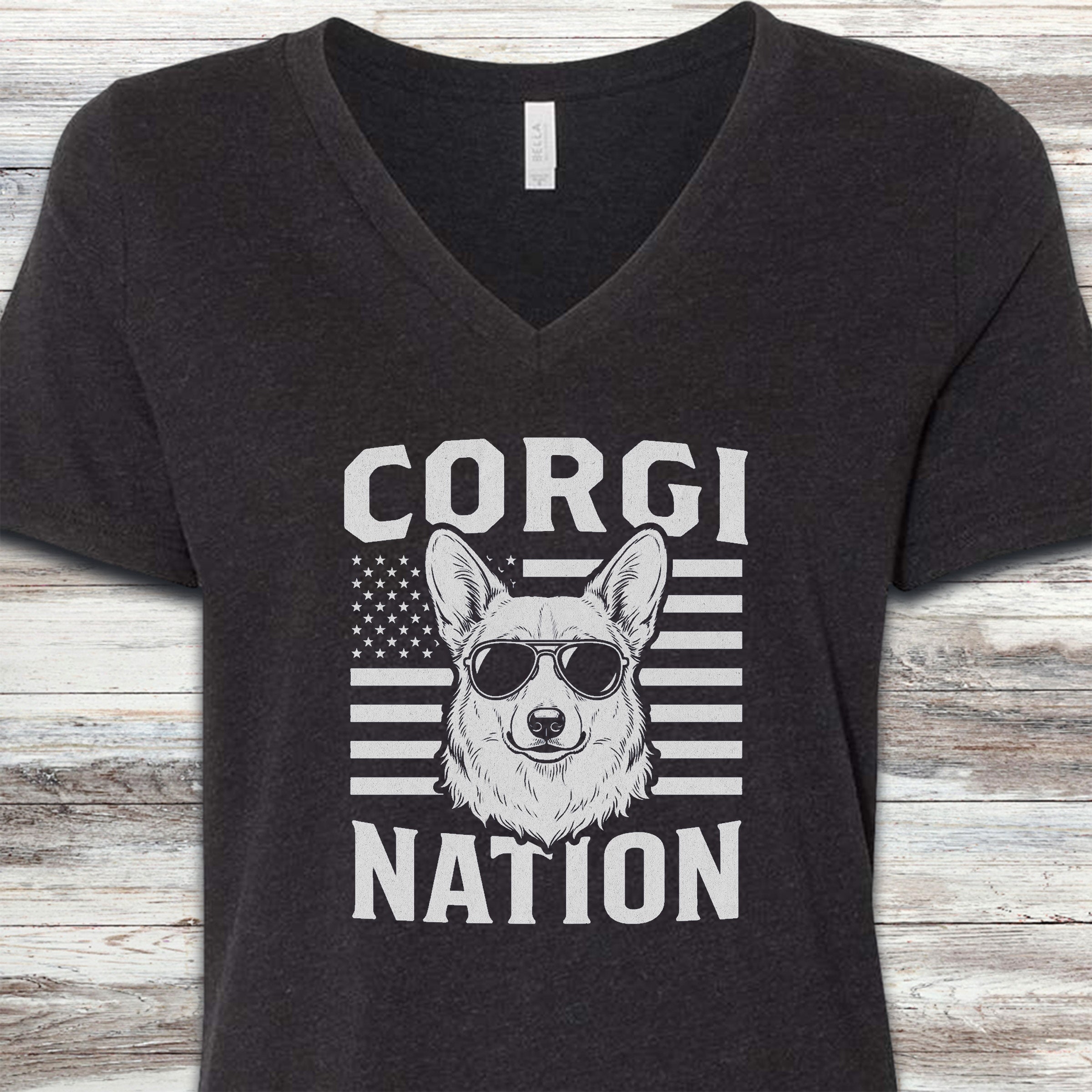 Corgi Nation V-Neck Tee - Black Heather