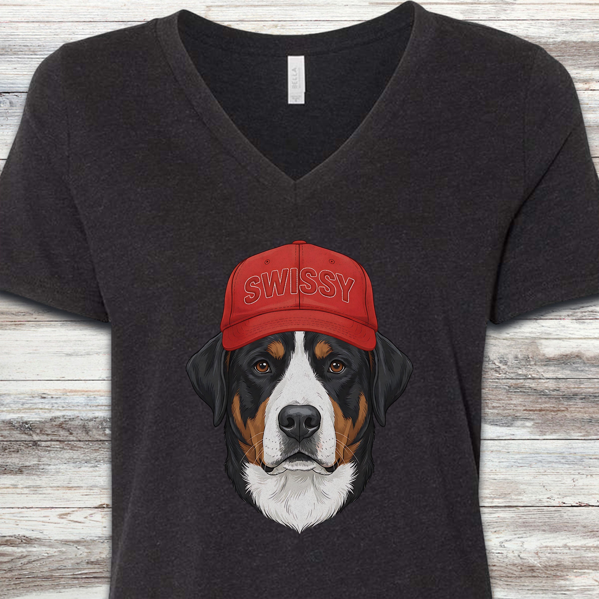 Swiss Mountain Dog Swissy Hat V-Neck Tee - Black Heather