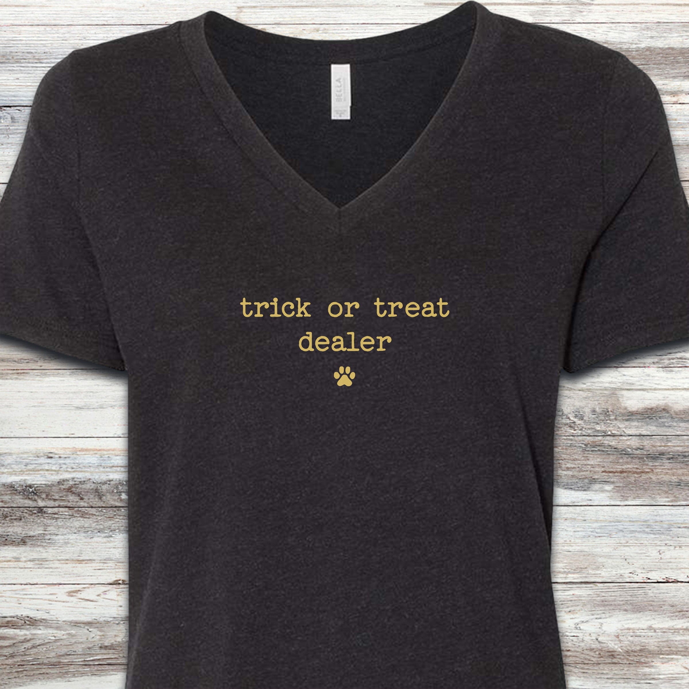 Vintage Trick or Treat Dealer V-Neck Tee - Black Heather