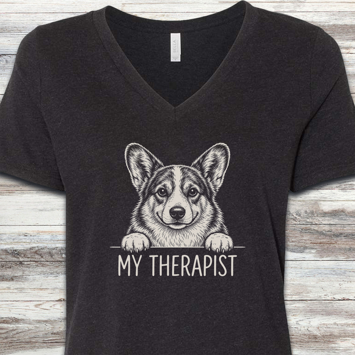Corgi Therapist V-Neck Tee - Black Heather