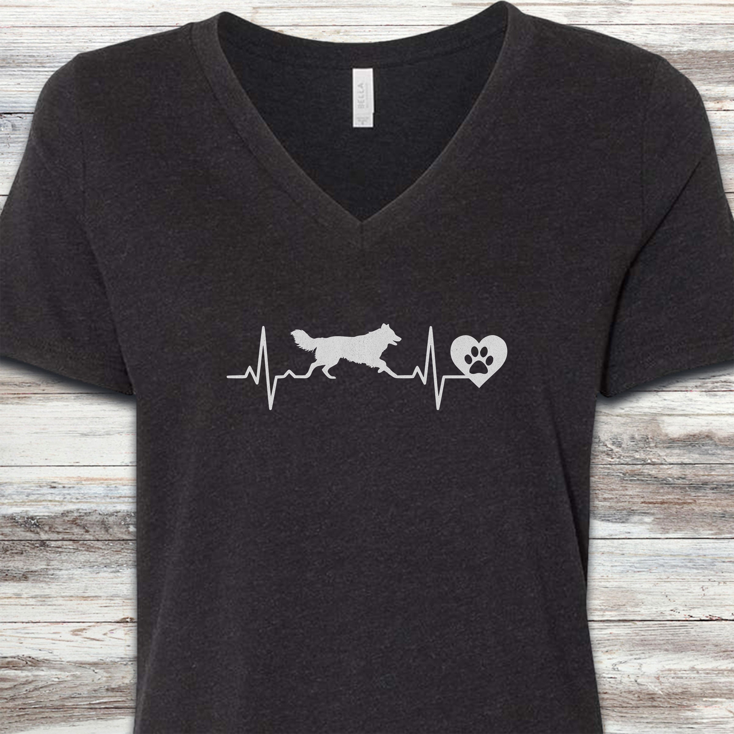 Border Collie Heartbeat V-Neck Tee - Black Heather