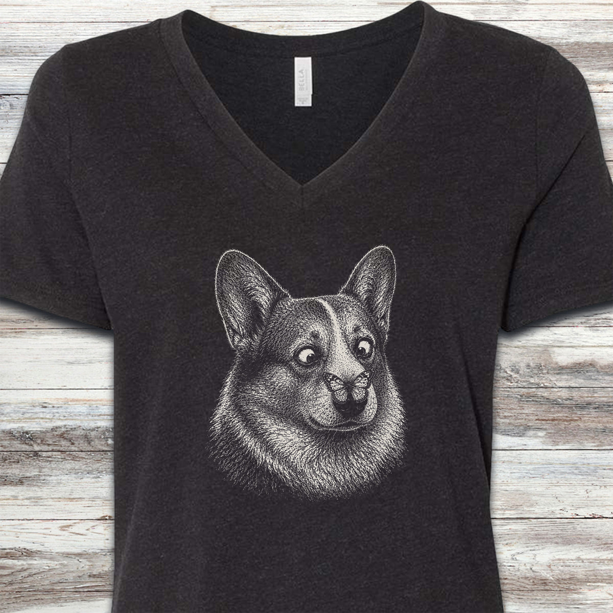Corgi Butterfly V-Neck Tee - Black Heather
