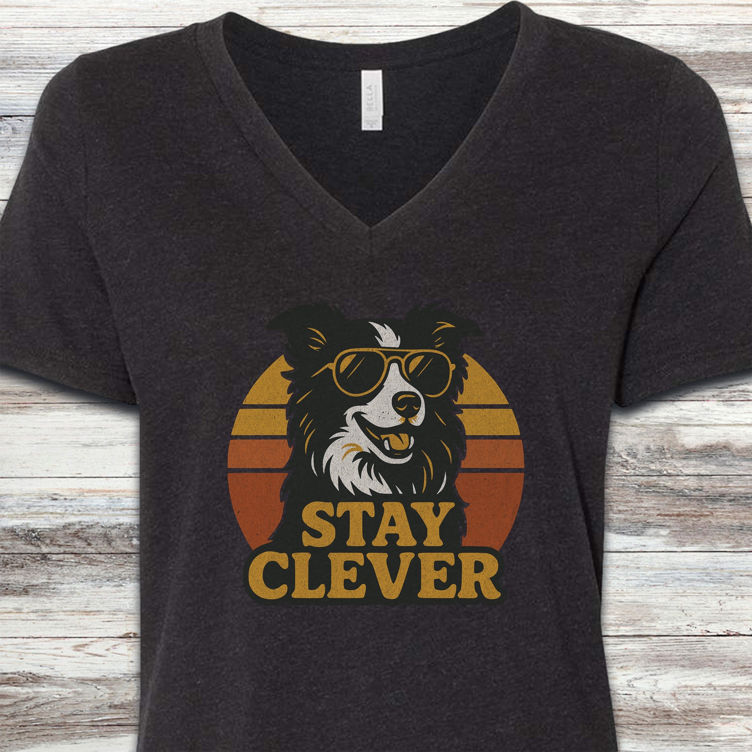 Border Collie Stay Clever V-Neck Tee - Black Heather