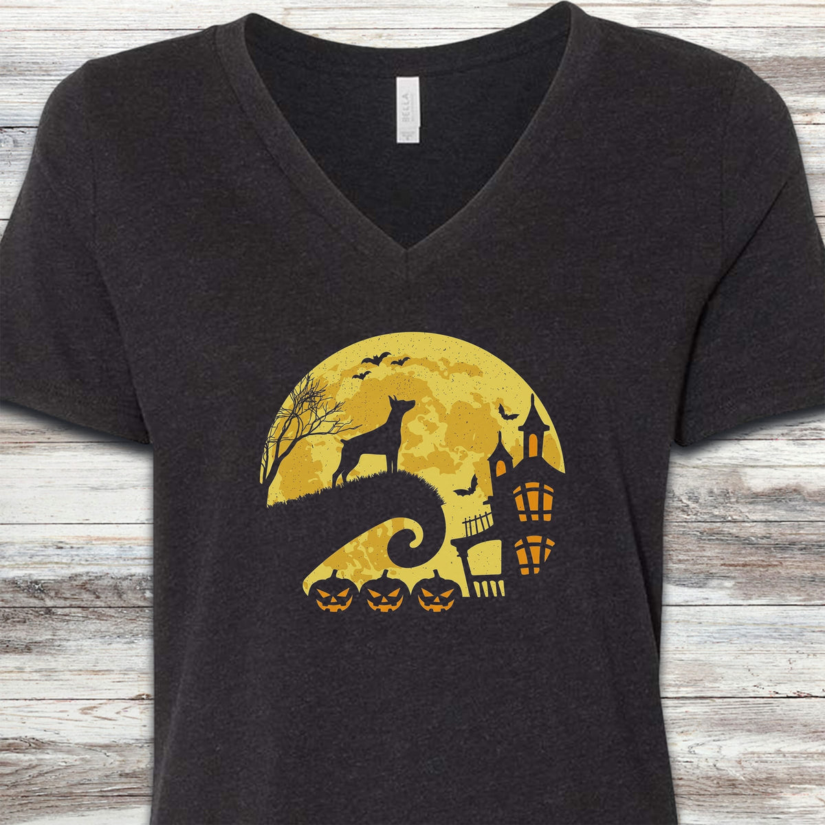 Doberman Pinscher Halloween Moon V-Neck Tee - Black Heather