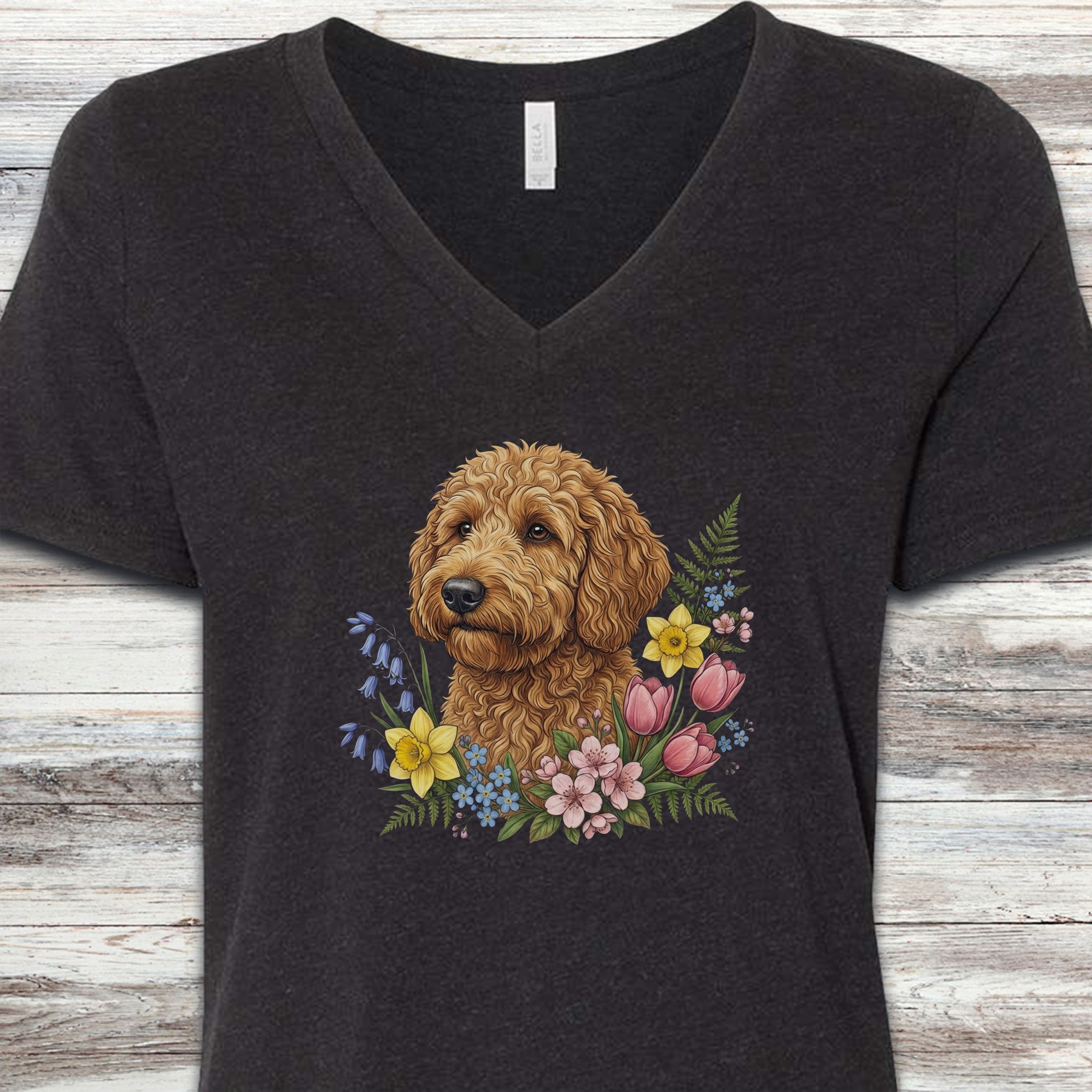 Goldendoodle Spring Portrait V-Neck Tee - Black Heather