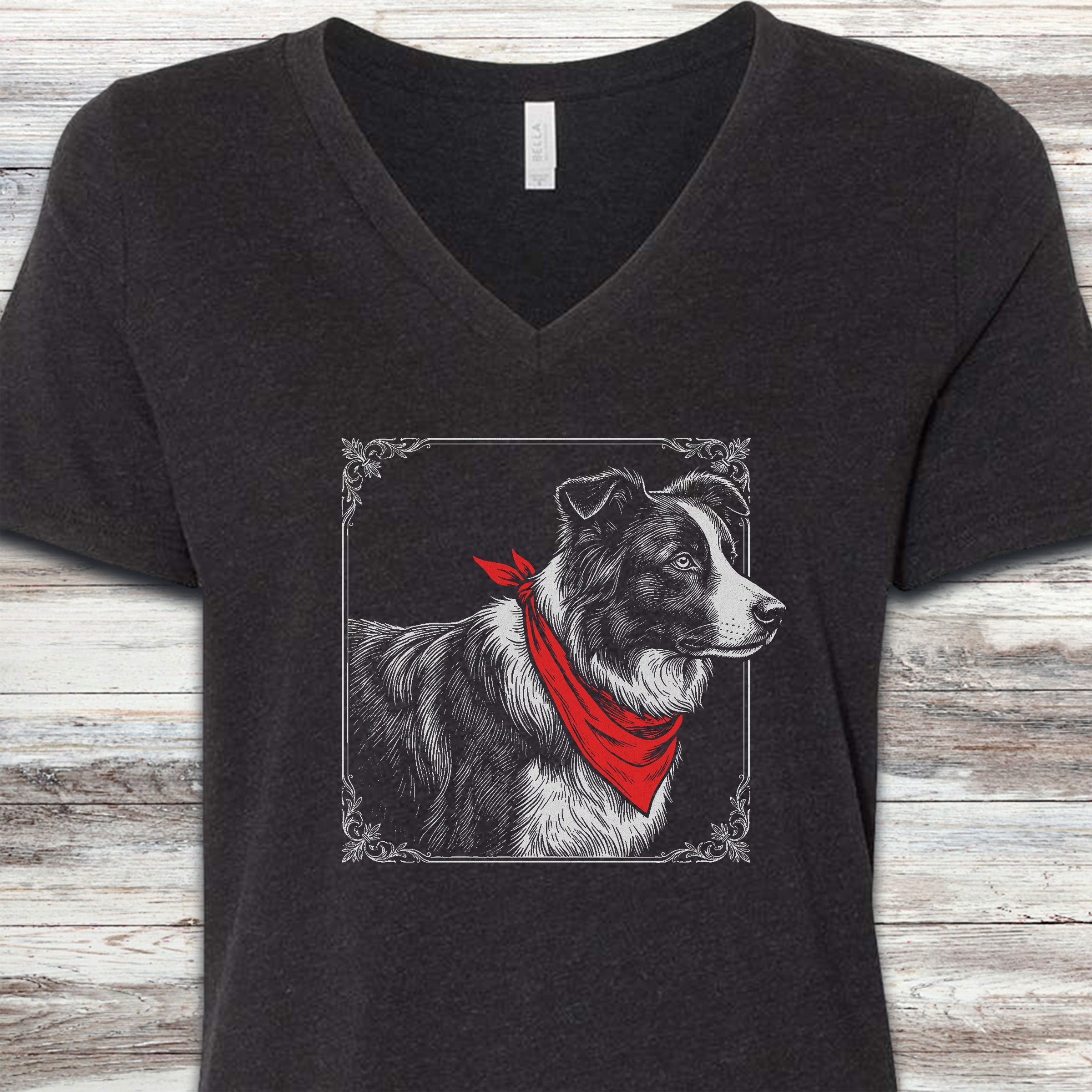 Border Collie Etching V-Neck Tee - Black Heather