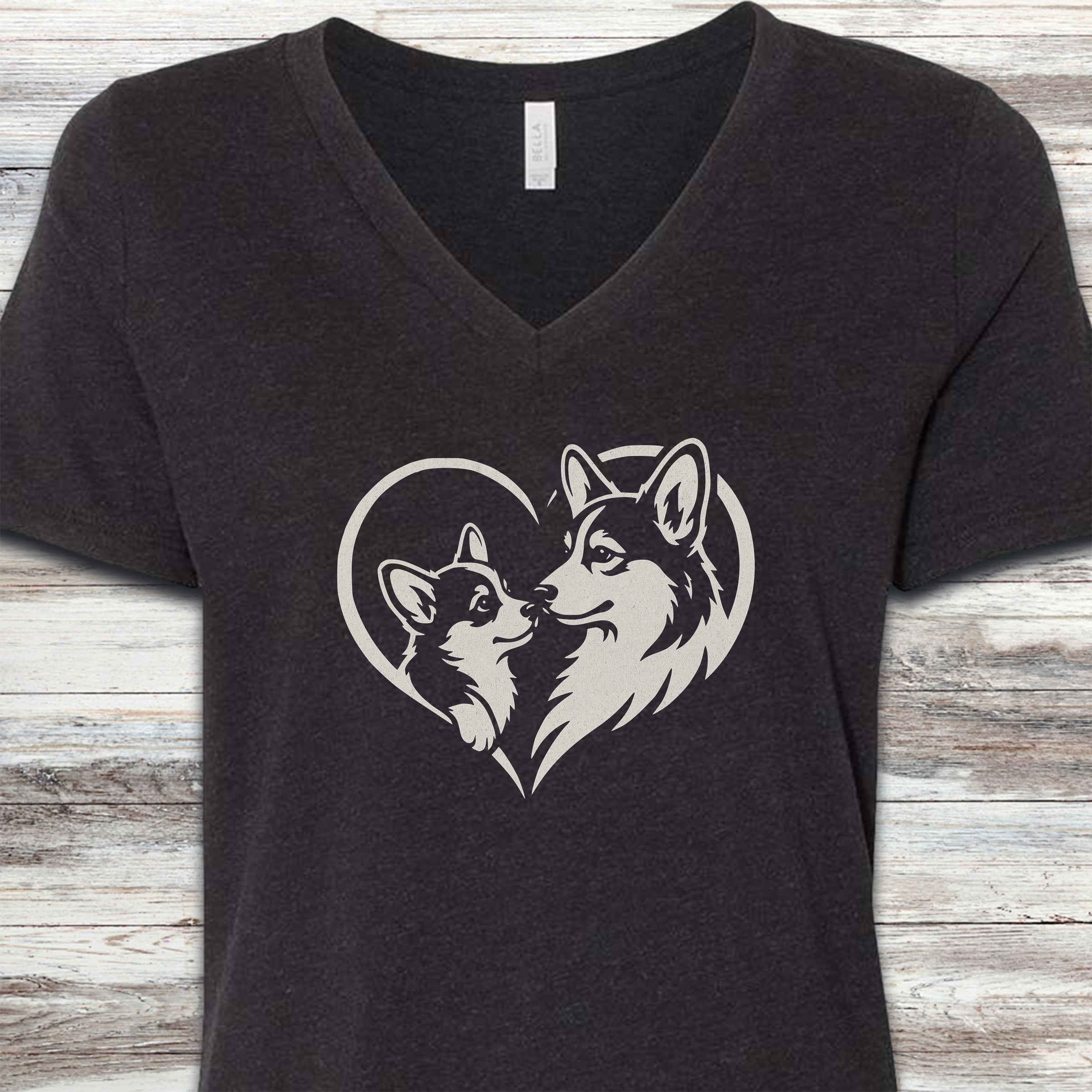 Corgi Heart Bond V-Neck Tee - Black Heather