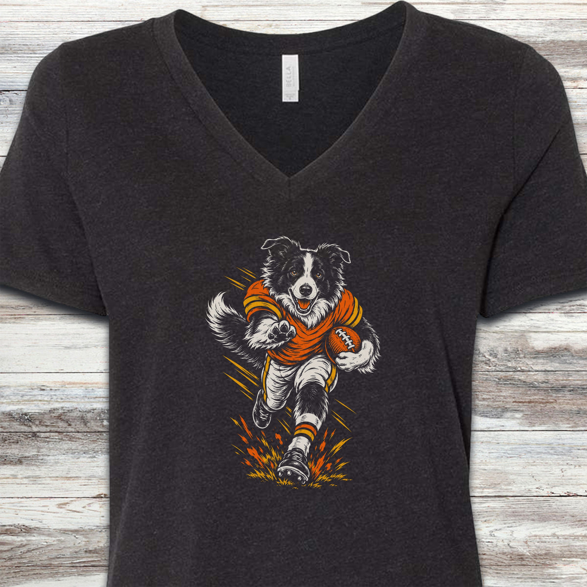 Border Collie Football V-Neck Tee - Black Heather